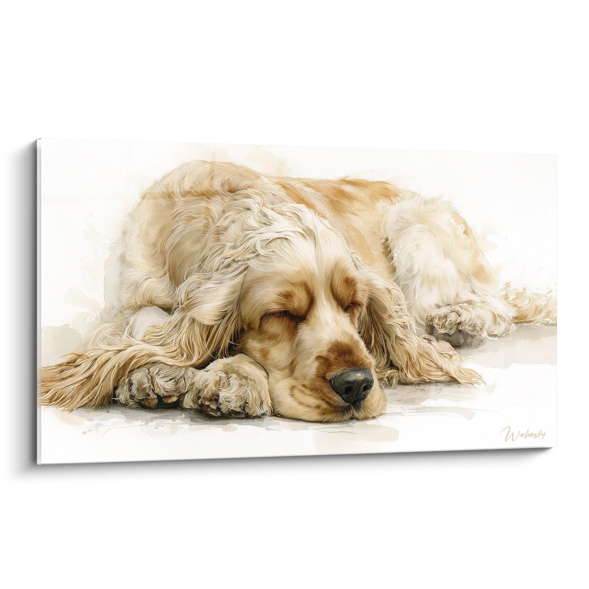 tableau cocker americain endormi tons dores beiges style aquarelle decoration murale chien