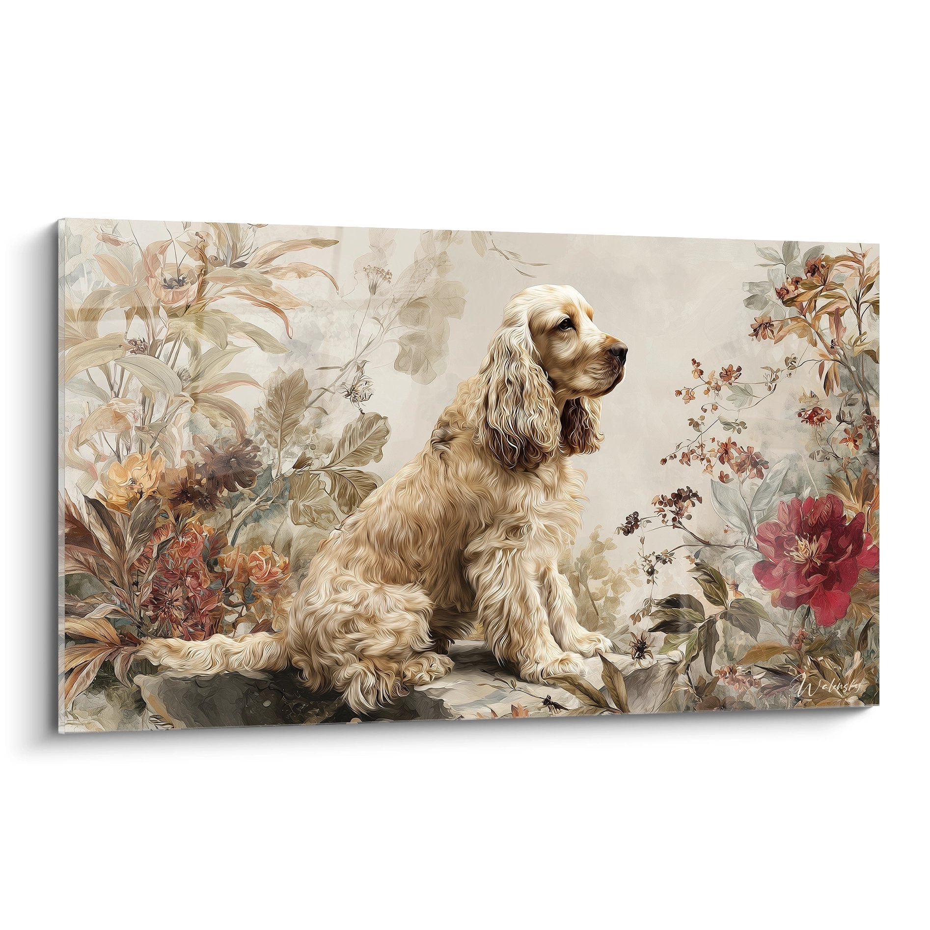 Tableau Cocker Americain pelage doré dans jardin fleuri tons automnaux beiges et ocre avec pivoines roses