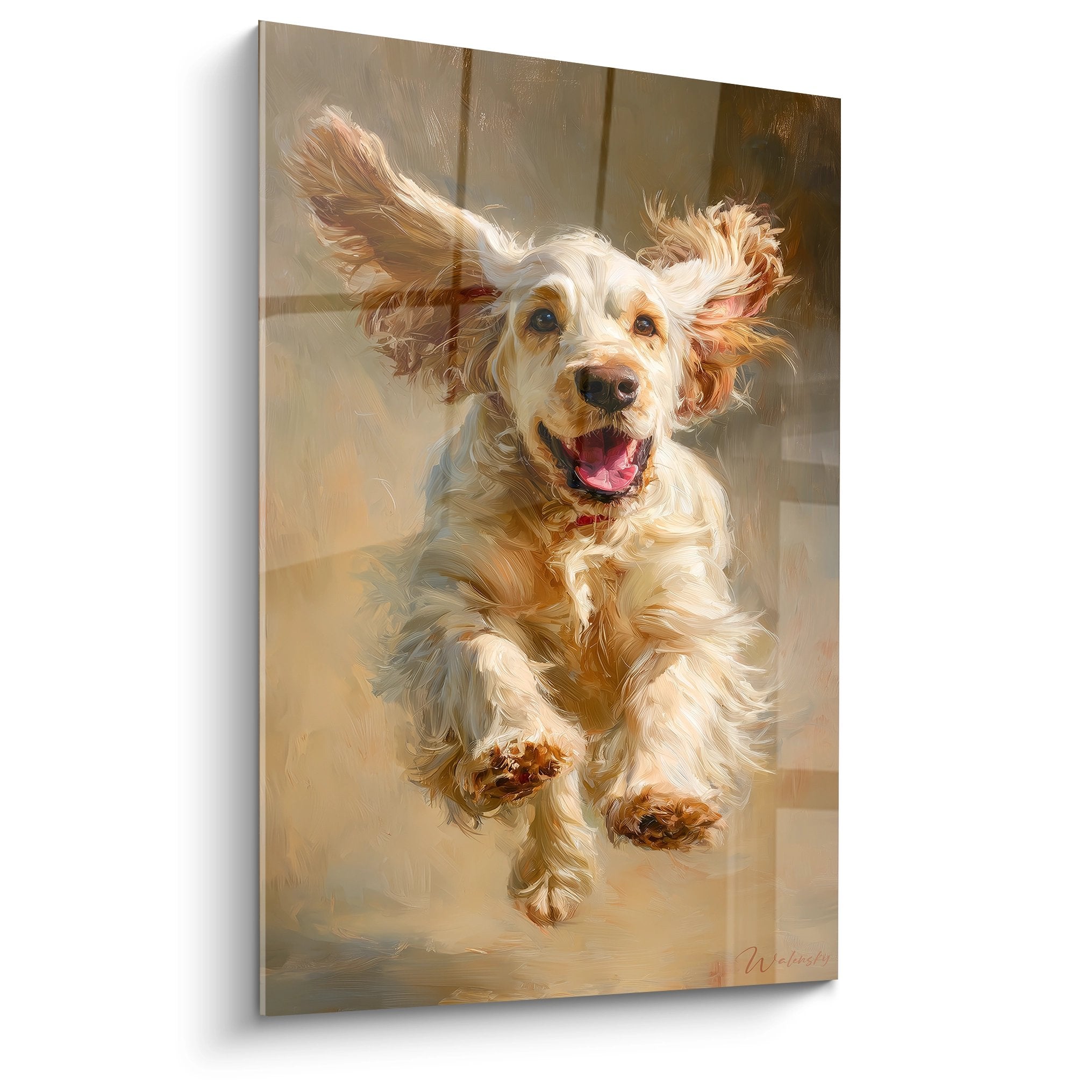 Tableau d'un Cocker Americain en mouvement, oreilles au vent, pelage doré et expression joyeuse