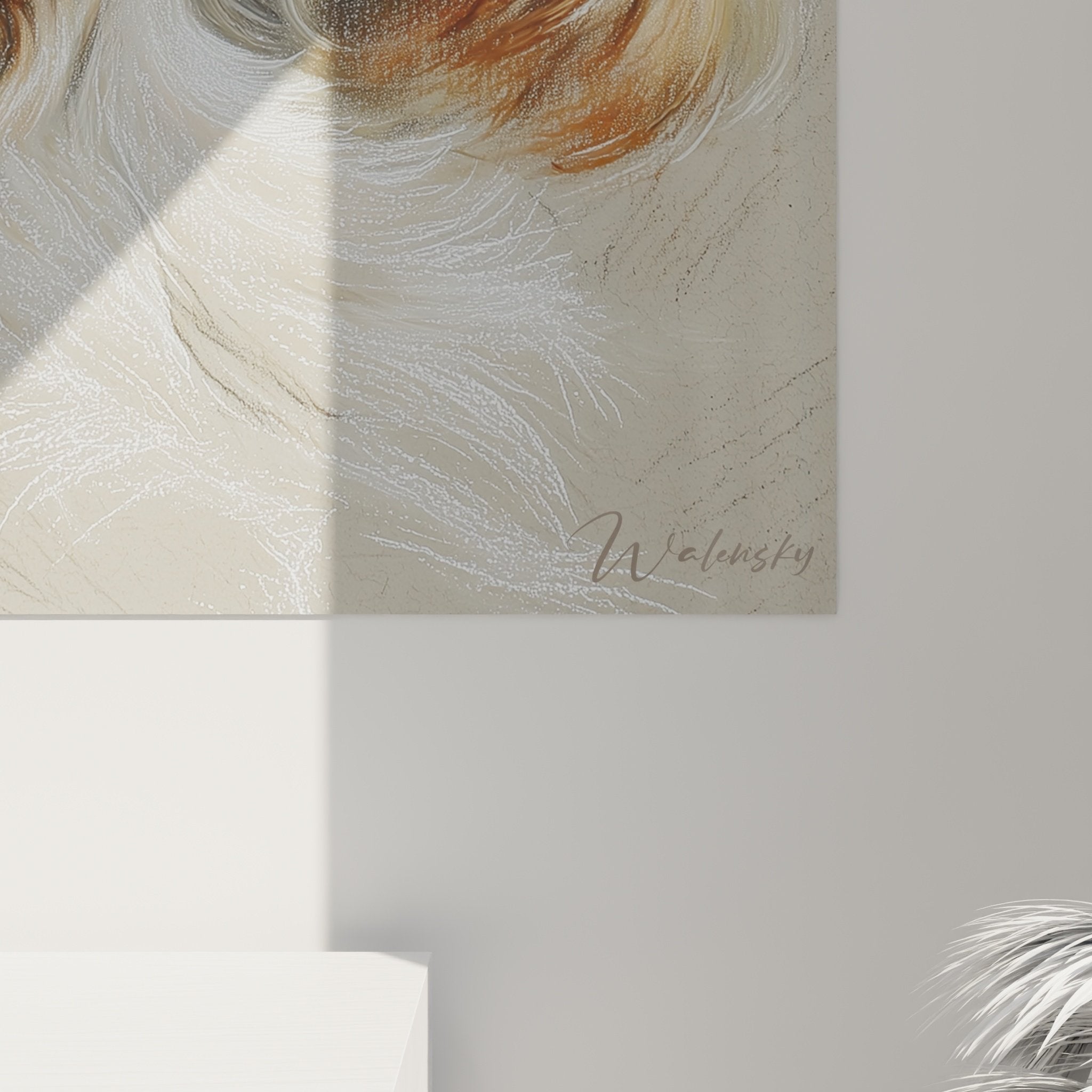 Vue d'ensemble tableau portrait Cocker Americain dans salon moderne aux couleurs naturelles et mobilier bois