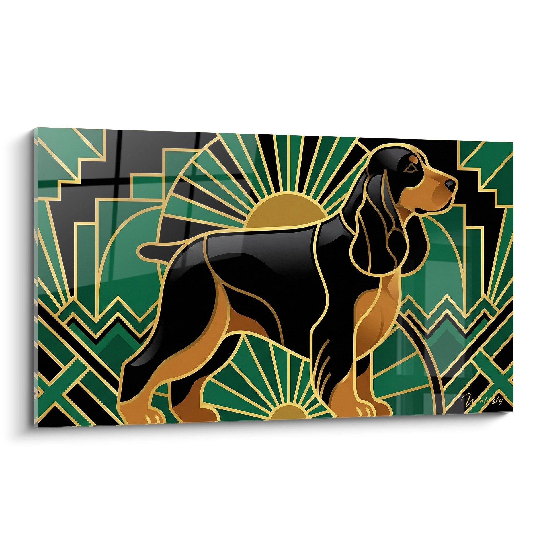 Tableau Art Déco Cocker Anglais noir et feu sur fond vert émeraude avec motifs géométriques dorés rayonnants