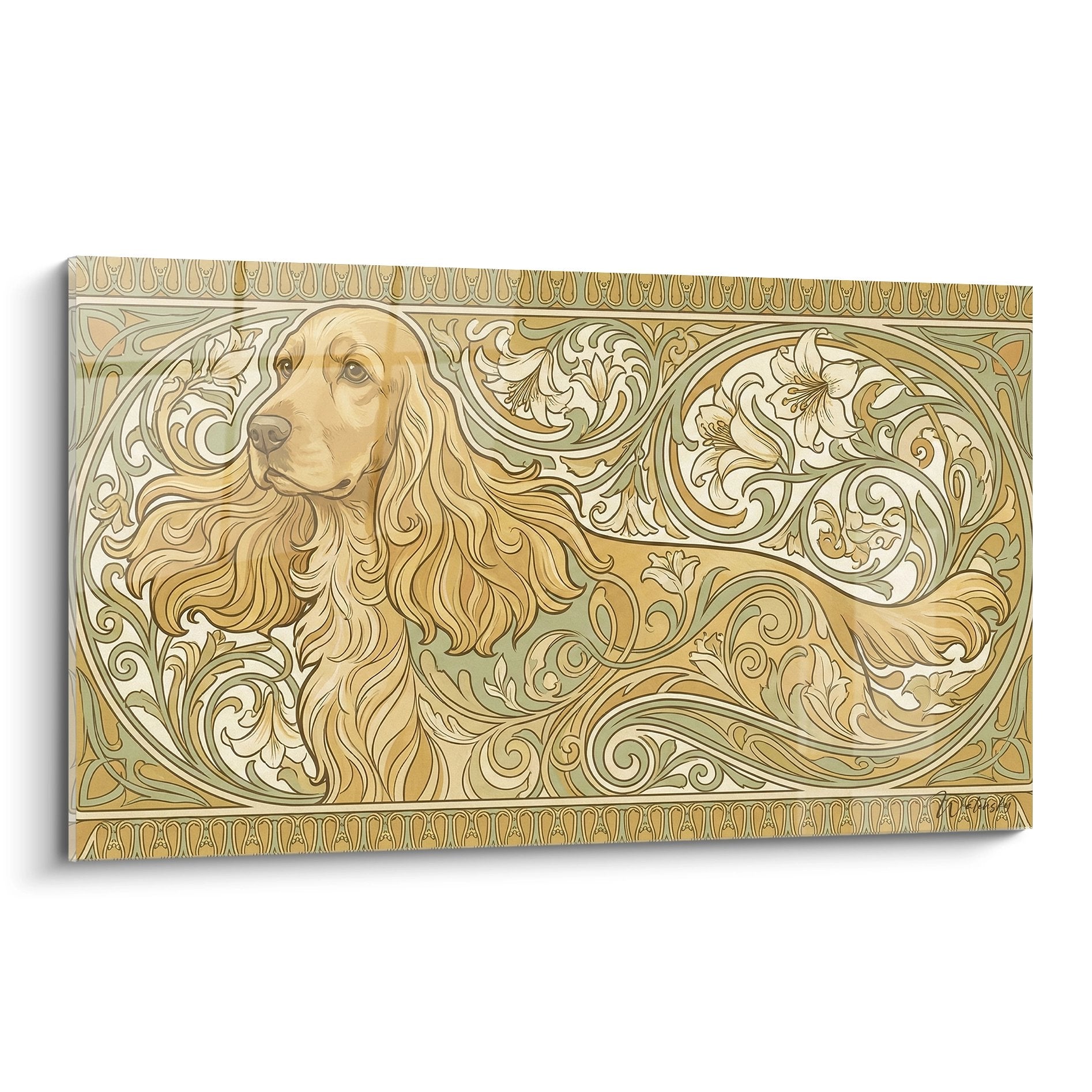 Tableau cocker anglais doré art nouveau motifs ornements floraux décoratifs vintage élégant
