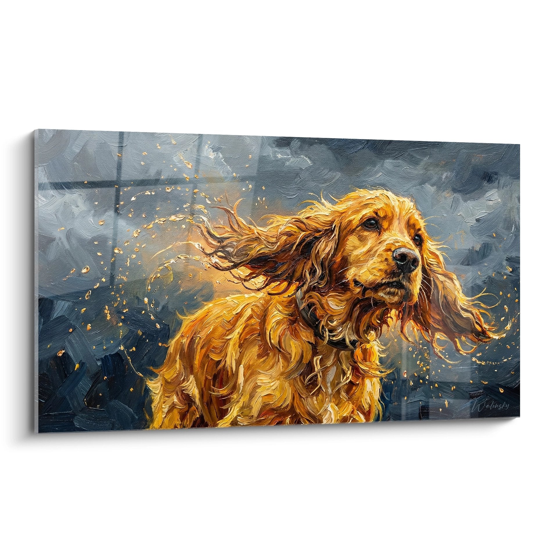 Tableau artistique d'un Cocker Anglais aux poils dorés dans le vent avec particules lumineuses sur fond orageux