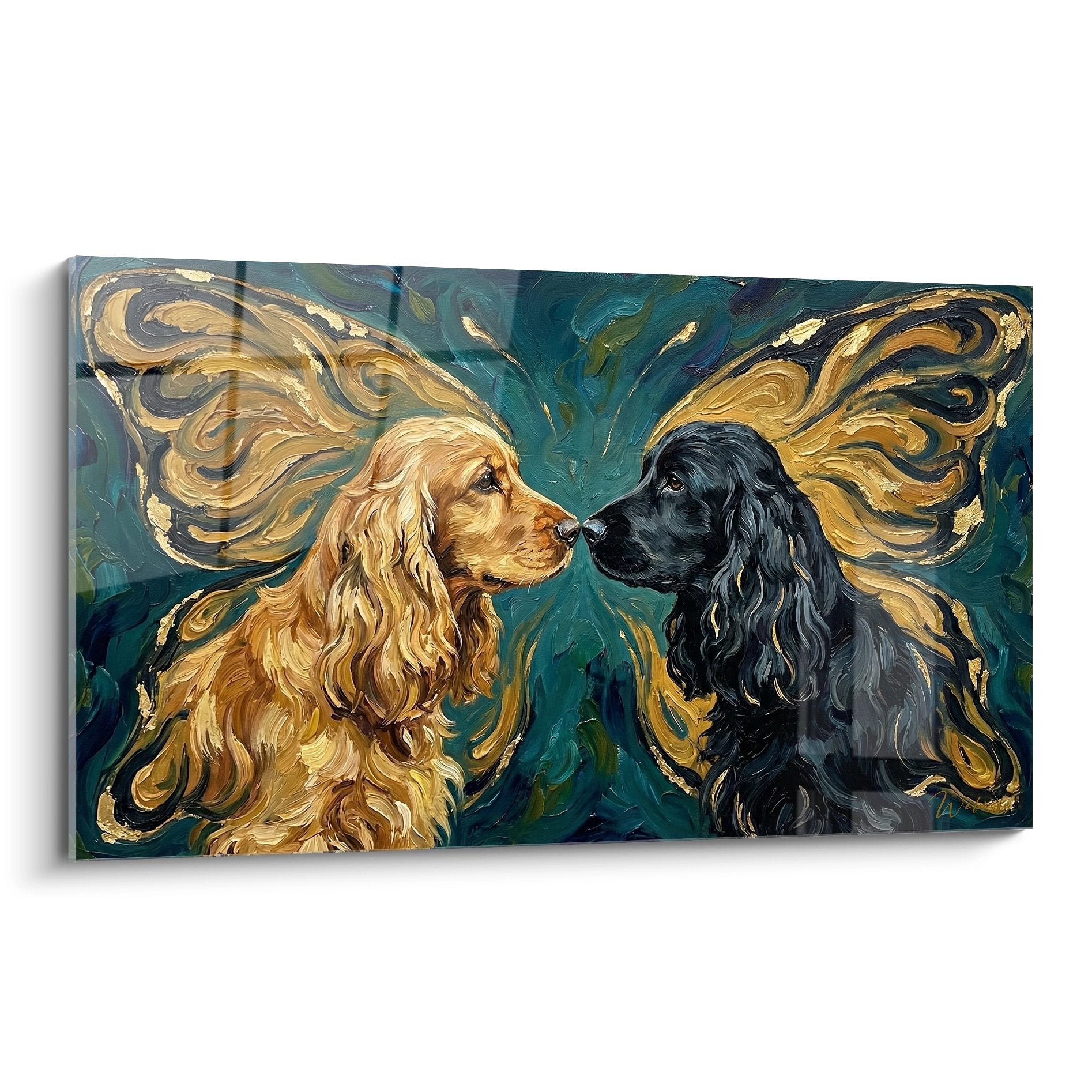 tableau artistique duo cocker anglais dore noir tourbillons turquoise or peinture expressionniste