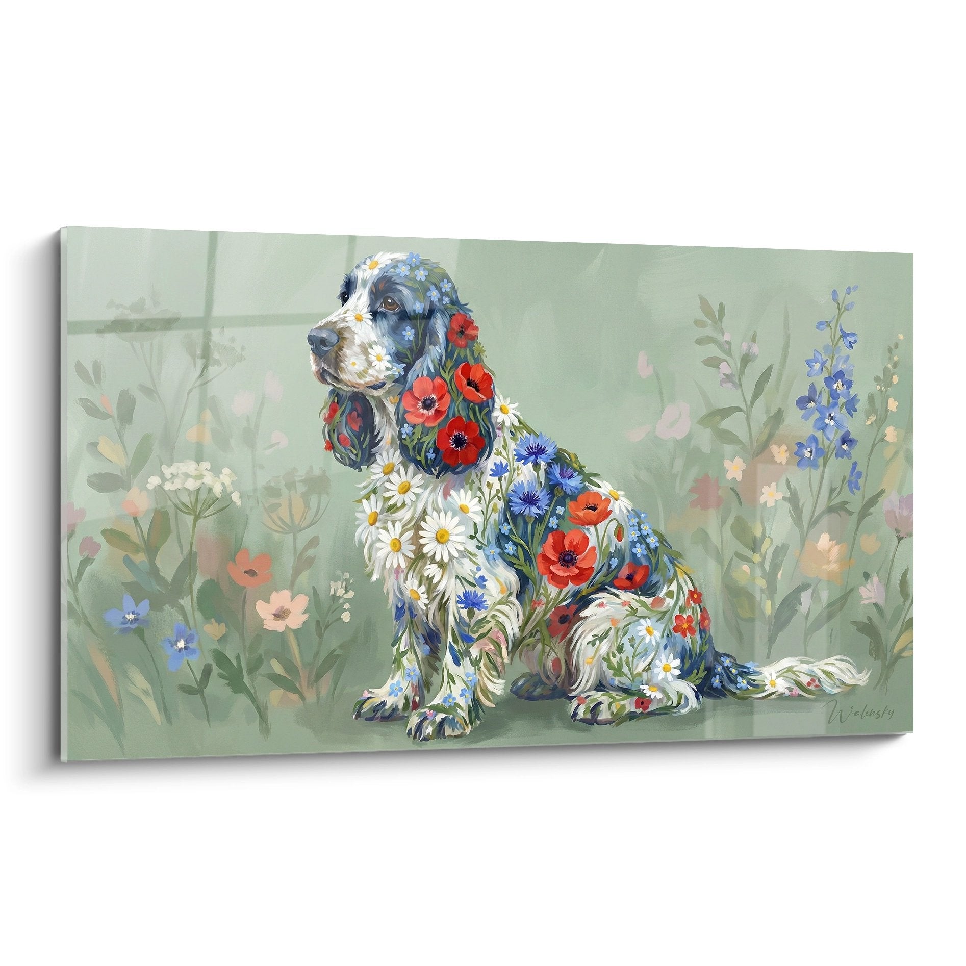 Tableau cocker anglais orne de fleurs sauvages coquelicots marguerites fond vert nature artistique