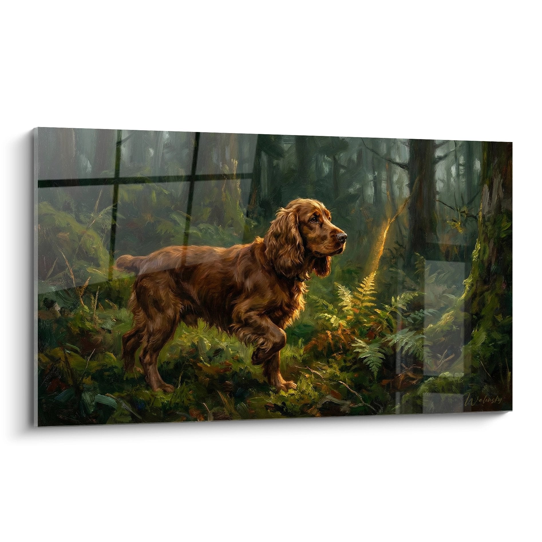 Tableau Cocker Anglais roux dans forêt mystérieuse avec fougères et lumière dorée tamisée - art animalier