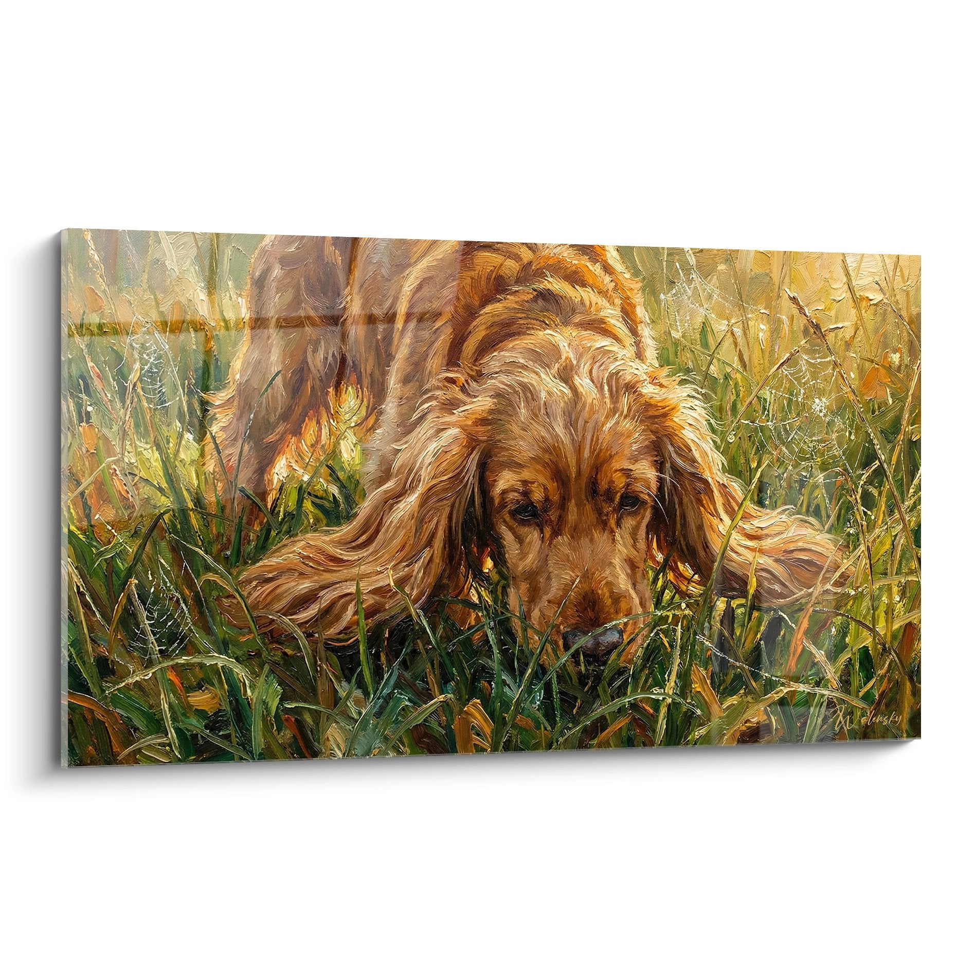 Tableau peinture Cocker Anglais roux concentre dans herbes hautes dorees lumiere naturelle art animalier realiste