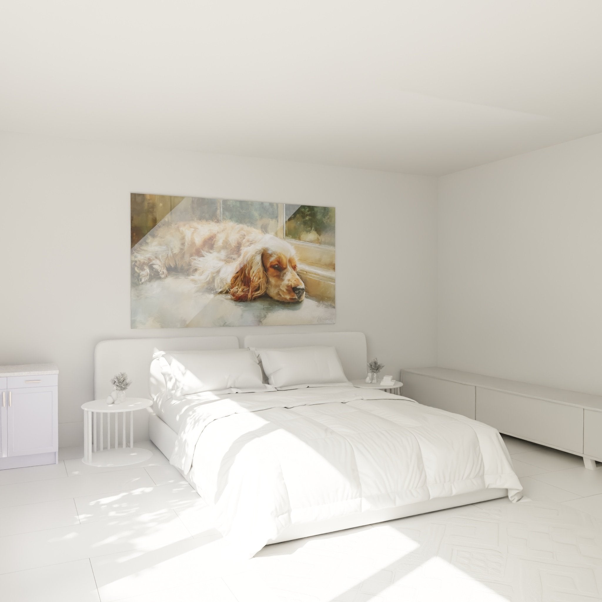 Tableau cocker endormi chambre decoration murale ambiance apaisante tons chauds dores