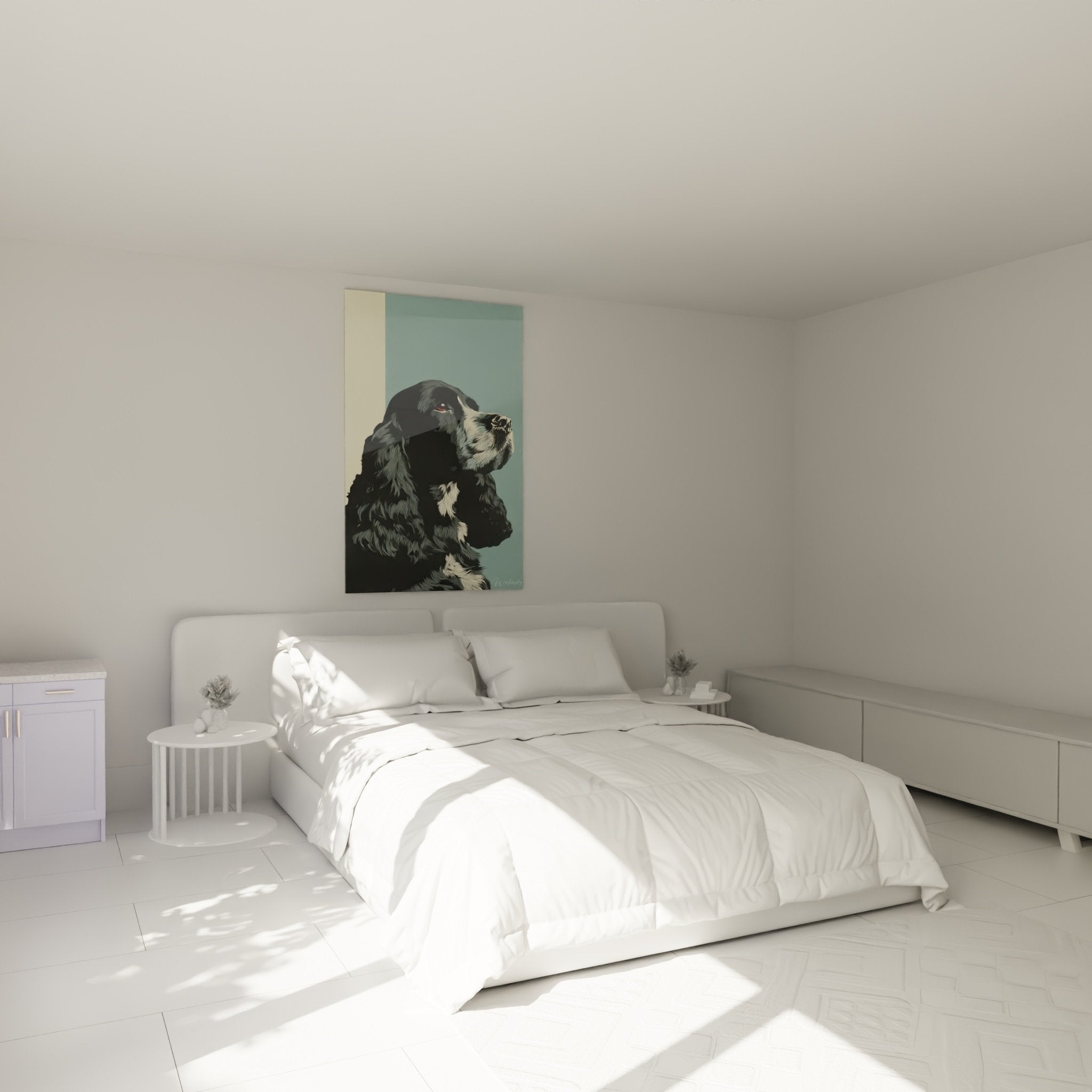 Tableau Cocker noir et blanc tons aqua décorant chambre moderne aux murs clairs et mobilier épuré