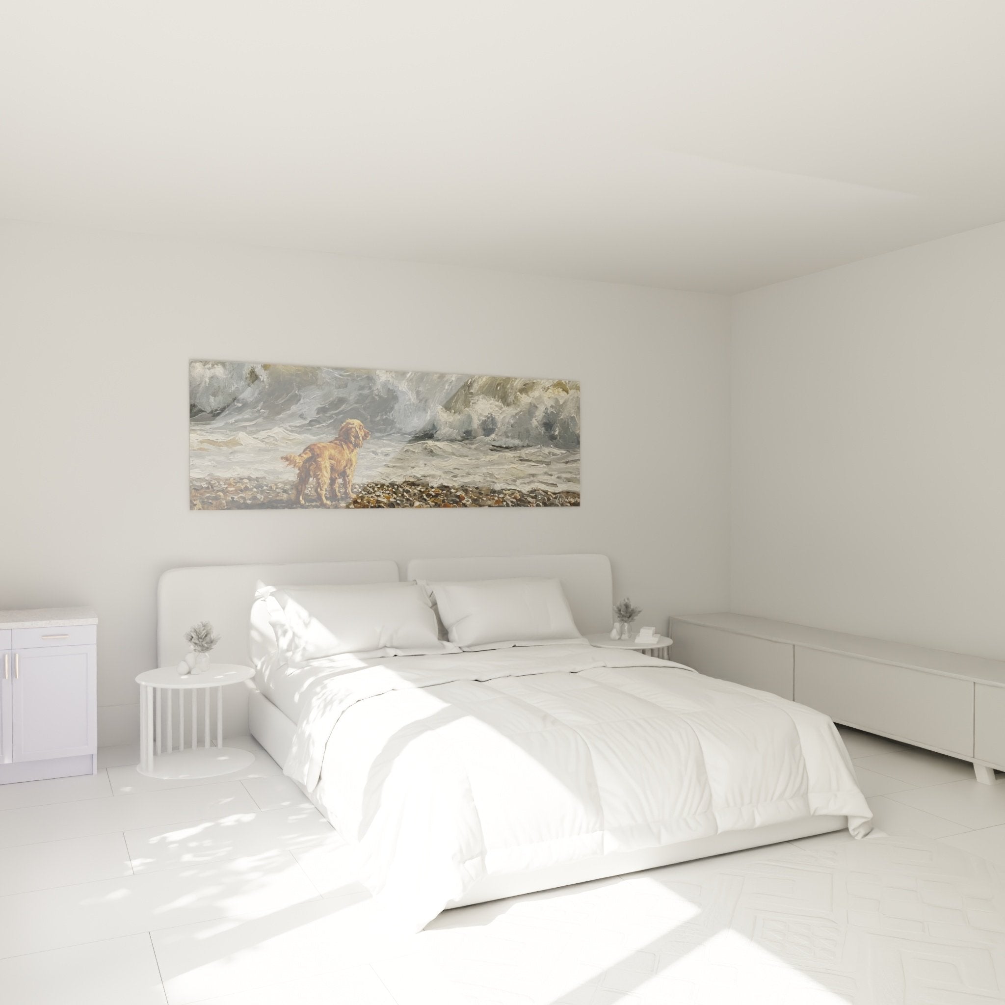 Tableau cocker dore rivage chambre decoration murale marine ambiance apaisante tons naturels