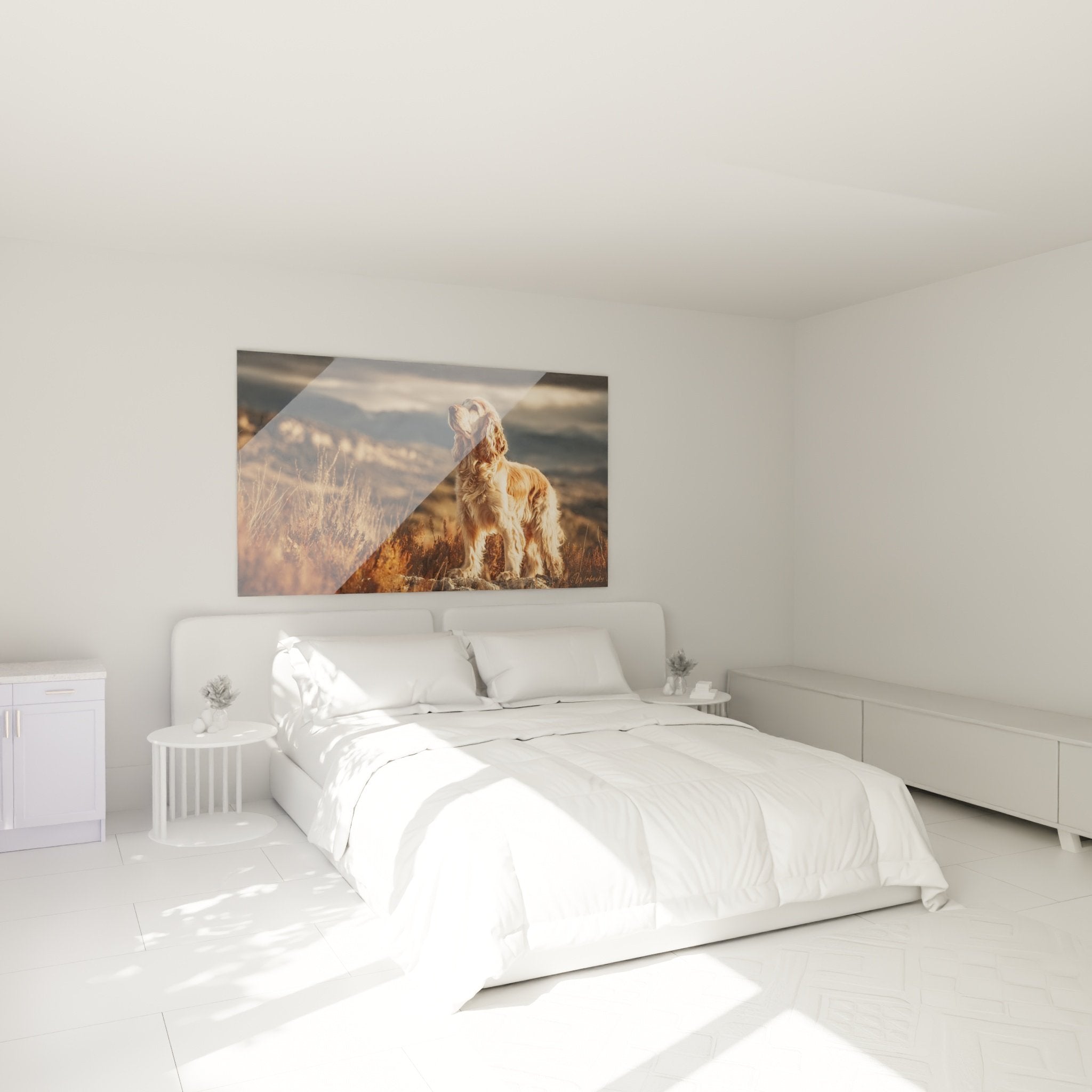 Tableau cocker doré prairie suspendu au dessus lit chambre decoration murale chaleureuse