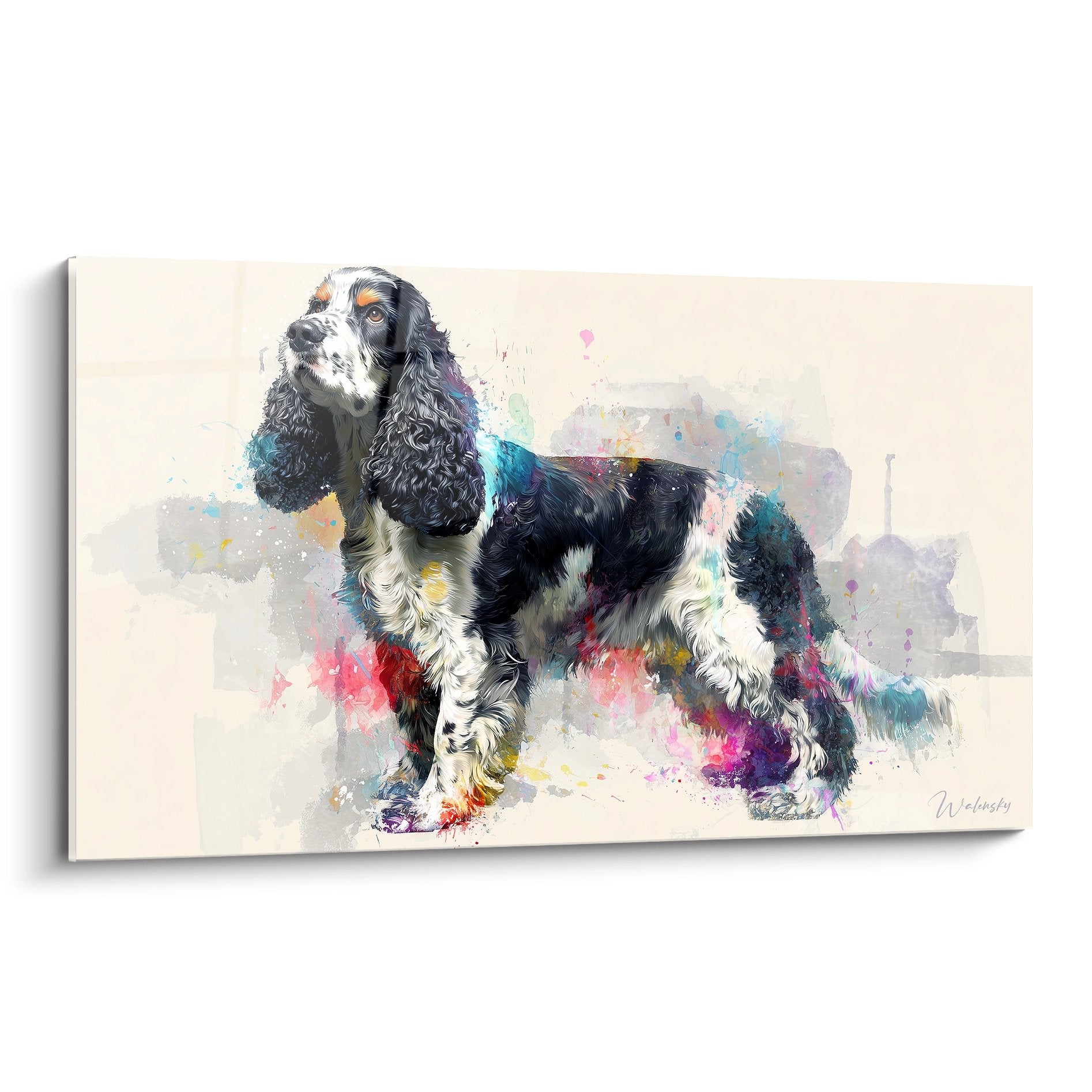 tableau cocker spaniel noir blanc aquarelle moderne eclaboussures colorees turquoise rose art contemporain