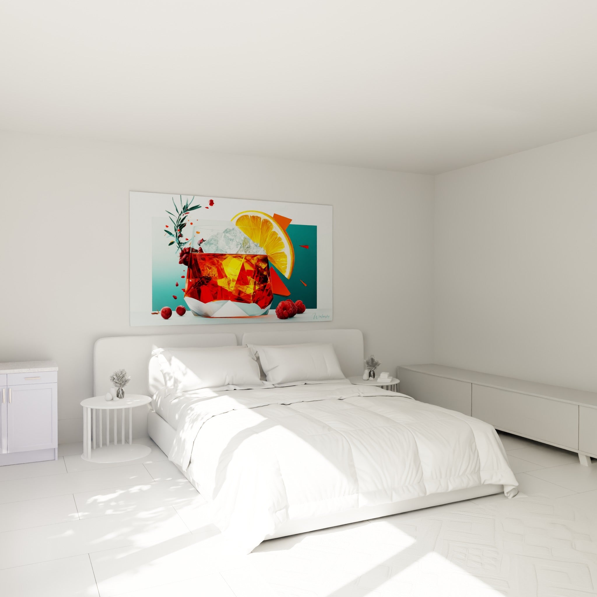 Cocktail cristallin aux teintes orange et sarcelle disposé au-dessus d'un lit dans une chambre claire