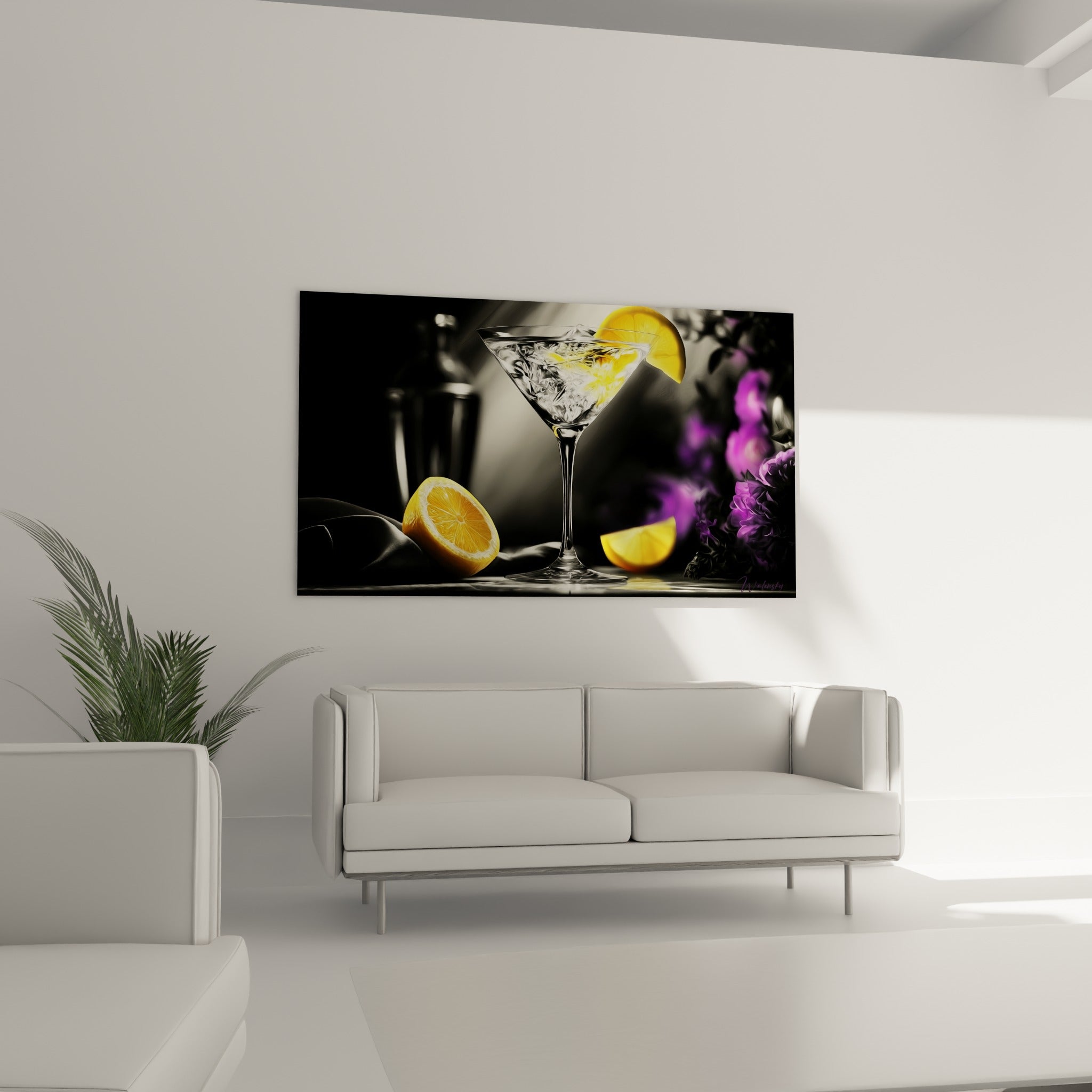 Martini scintillant et agrumes dorés positionnés au-dessus d'un canapé dans un salon lumineux