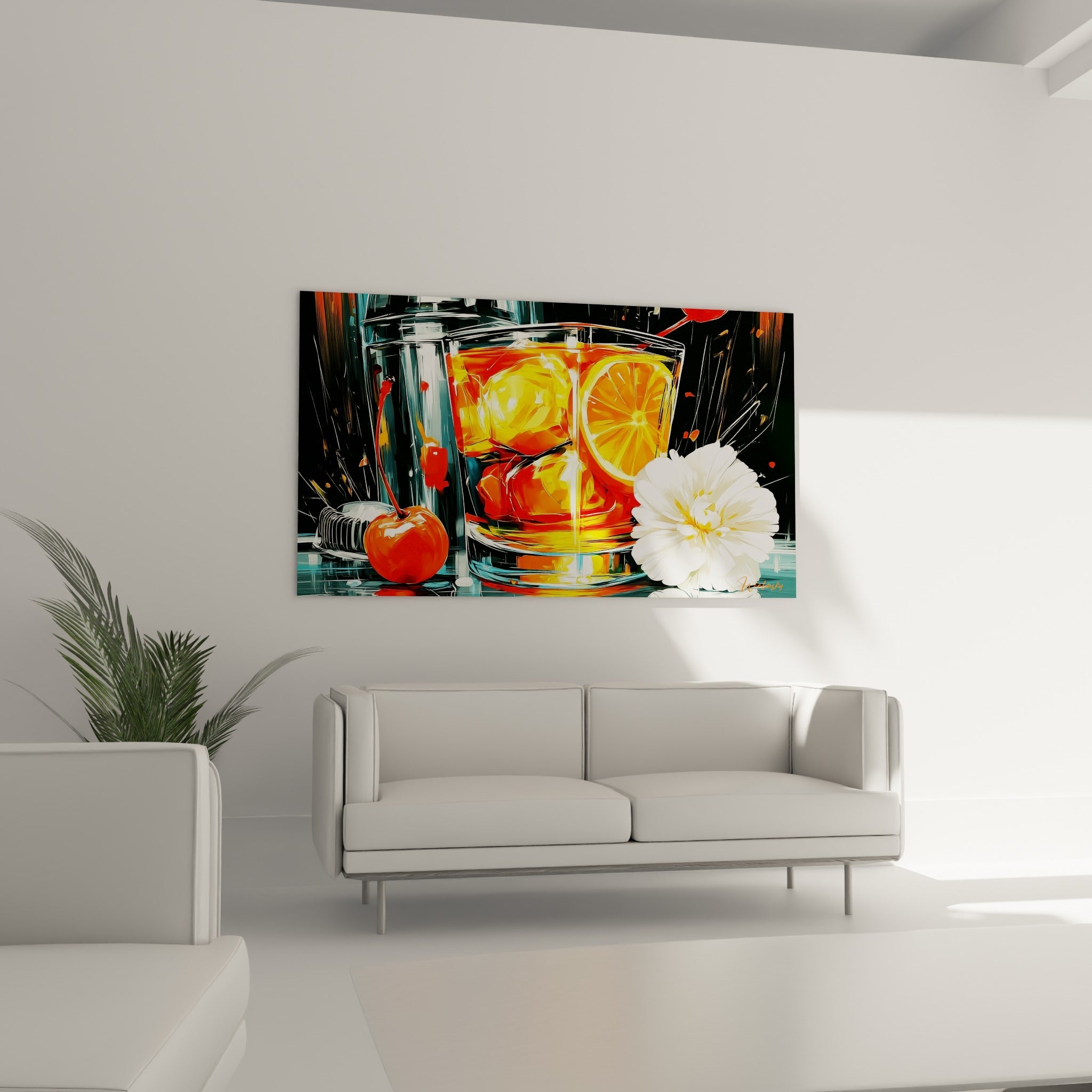 Cerise rouge vif et verre glacé aux teintes orangées, au-dessus d'un canapé dans un salon lumineux