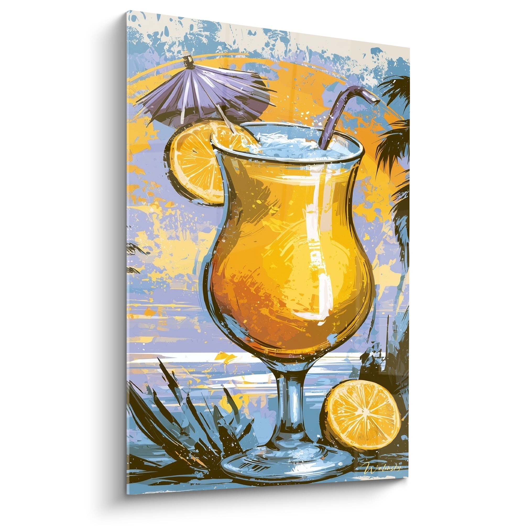Verre à cocktail ambré et ombrelle mauve, citron jaune, fond bleu pastel peint