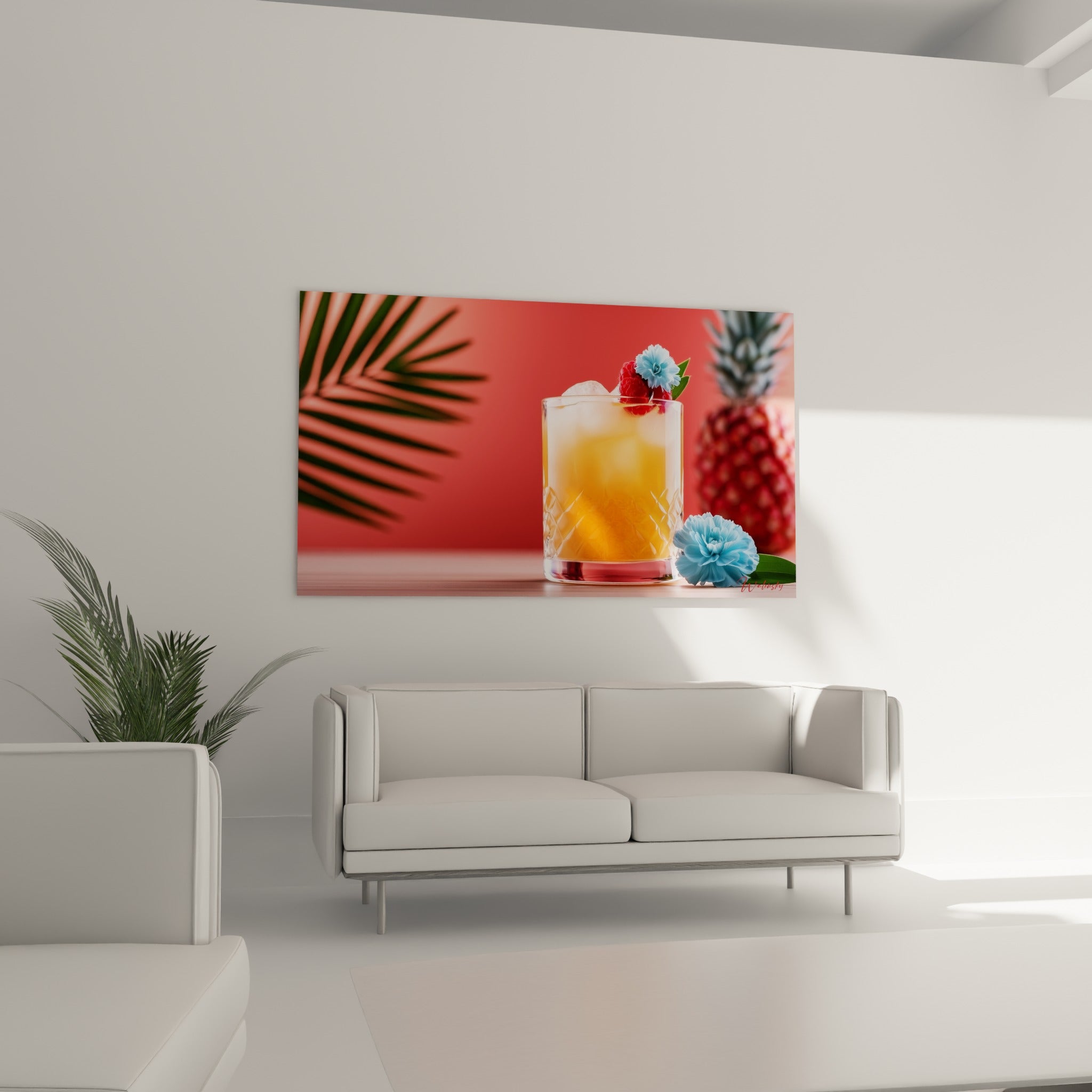 Boisson fruitée corail et bleu pastel accrochée au-dessus d'un canapé dans un salon lumineux
