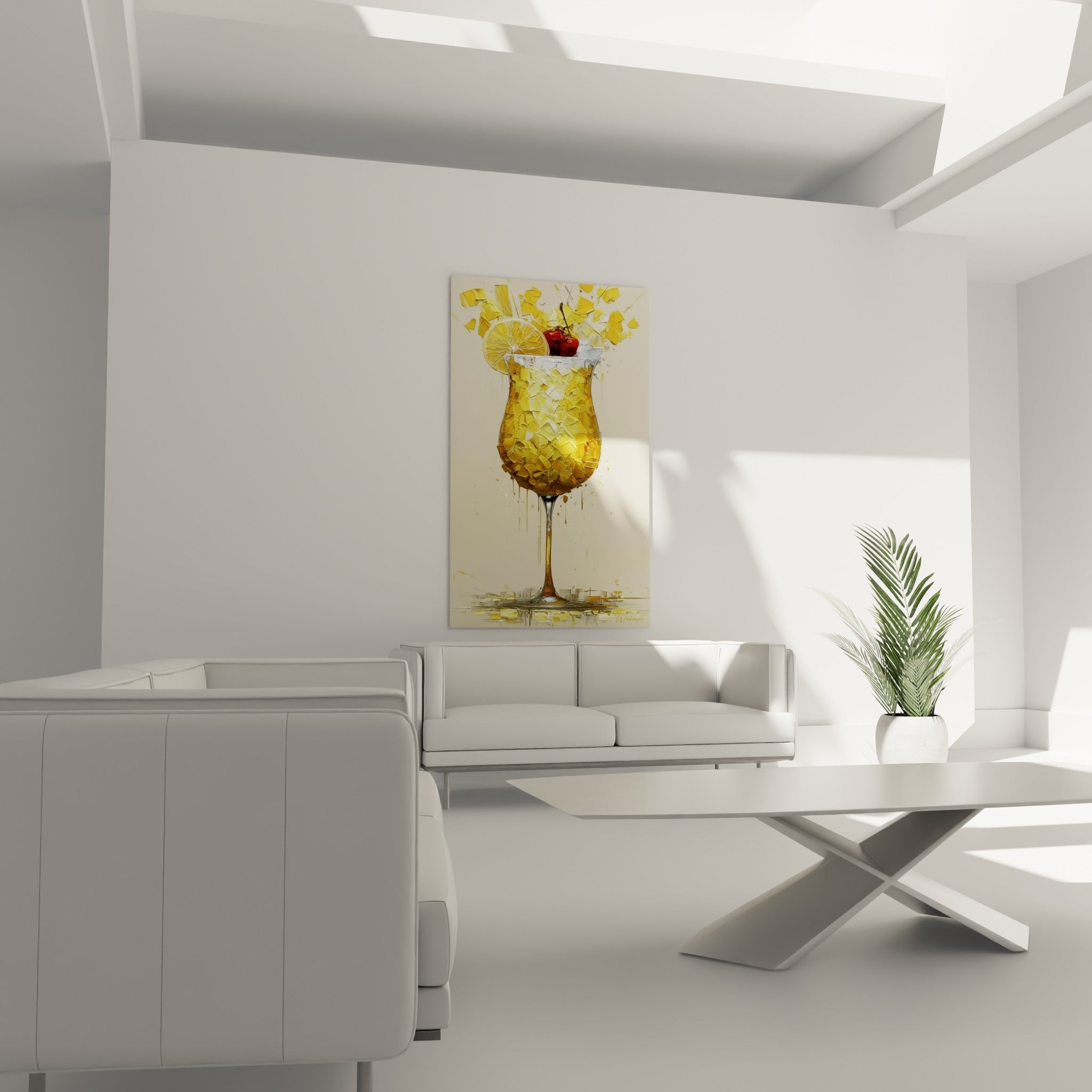 Rondelle de citron jaune et cerises écarlates surplombant un cocktail au-dessus d'un canapé dans un salon lumineux