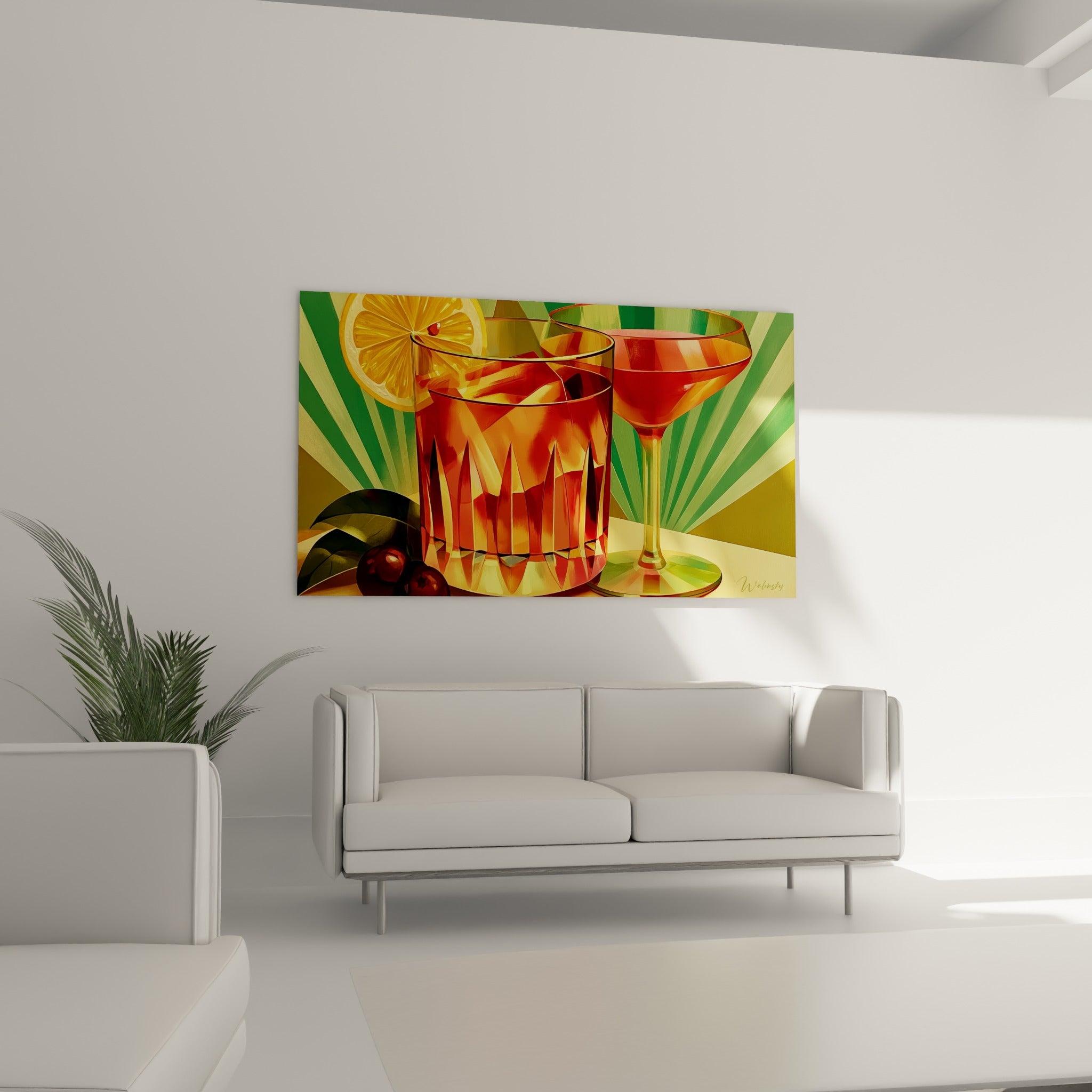 Tranche de citron jaune et baies rouges près des verres, accrochés au-dessus d'un canapé dans un salon lumineux