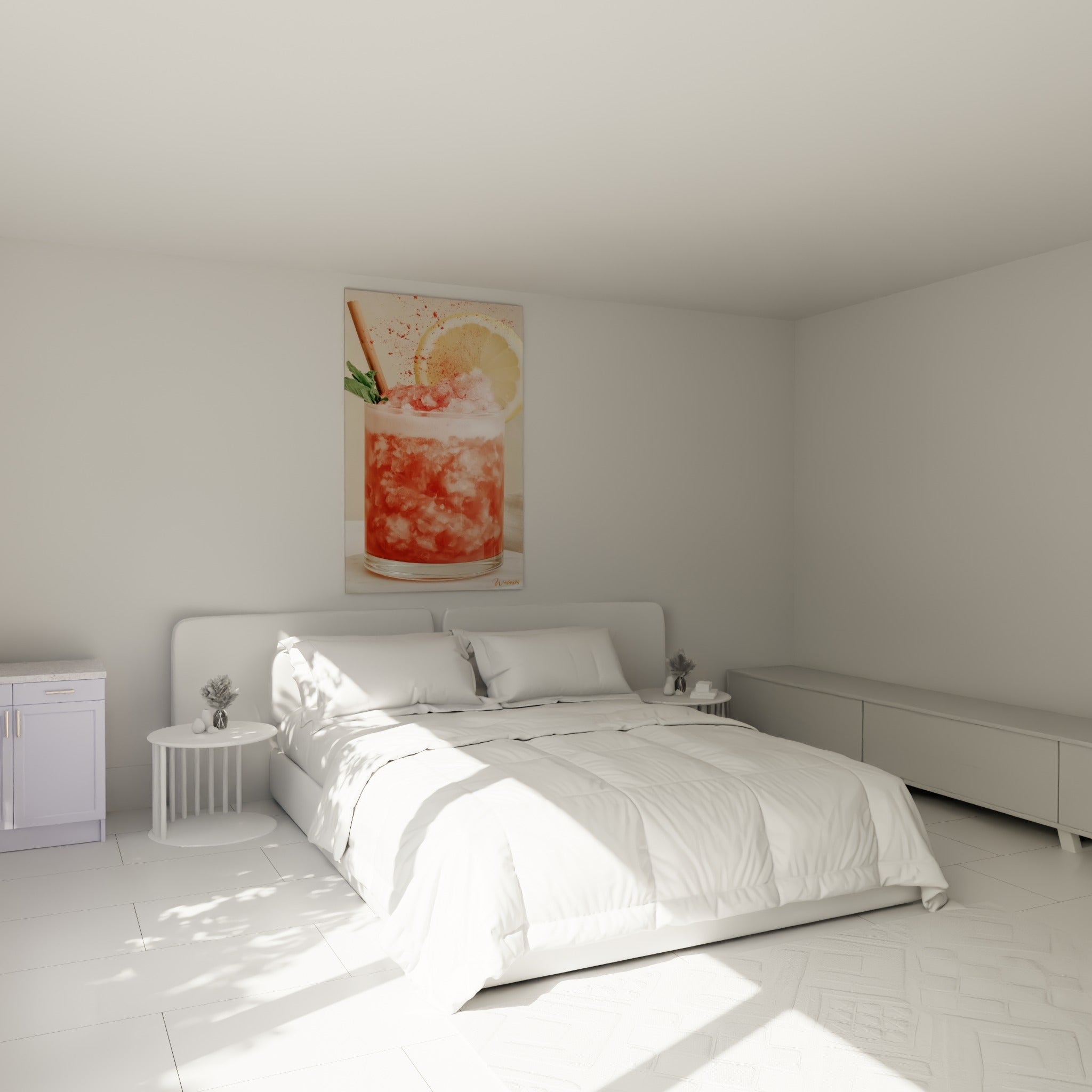 Verre de cocktail rose et jaune accroché au-dessus d'un lit dans une chambre claire