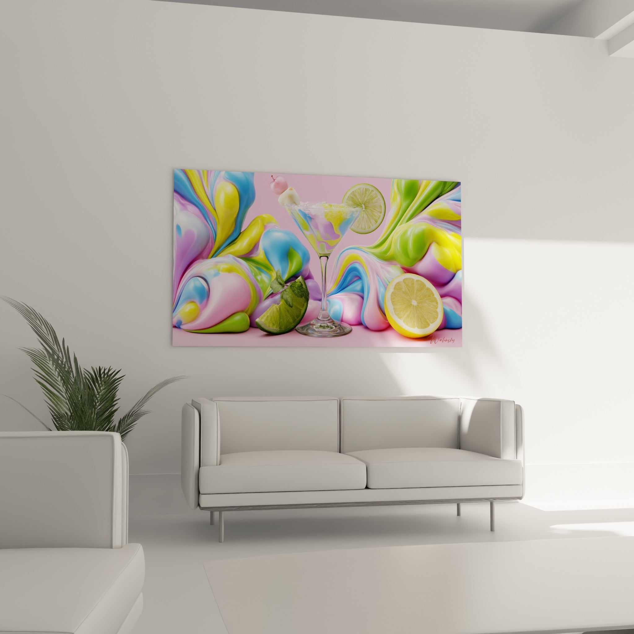 Verre à martini givré et fruits colorés au-dessus d'un canapé dans un salon lumineux