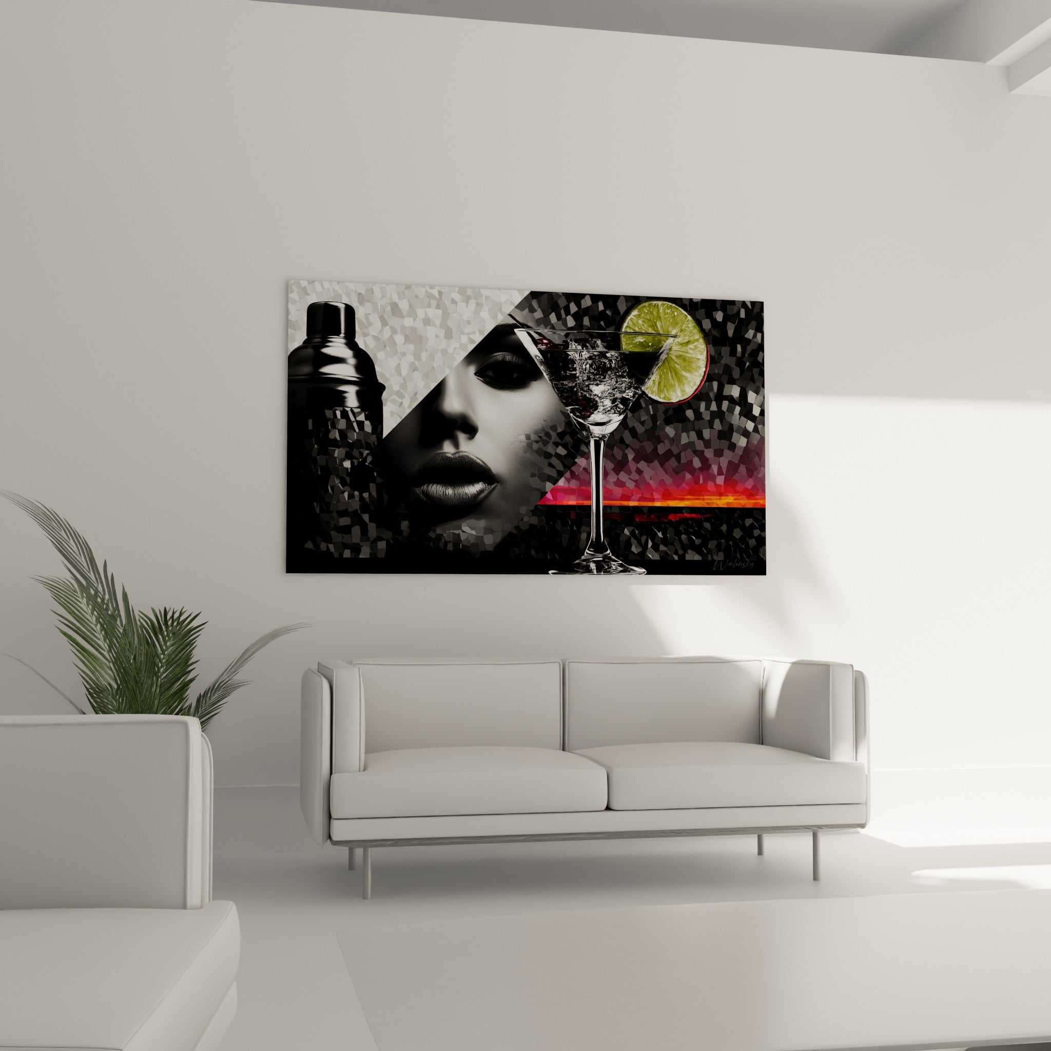 Rondelle de citron vert et glaçons scintillants au-dessus d'un canapé dans un salon lumineux