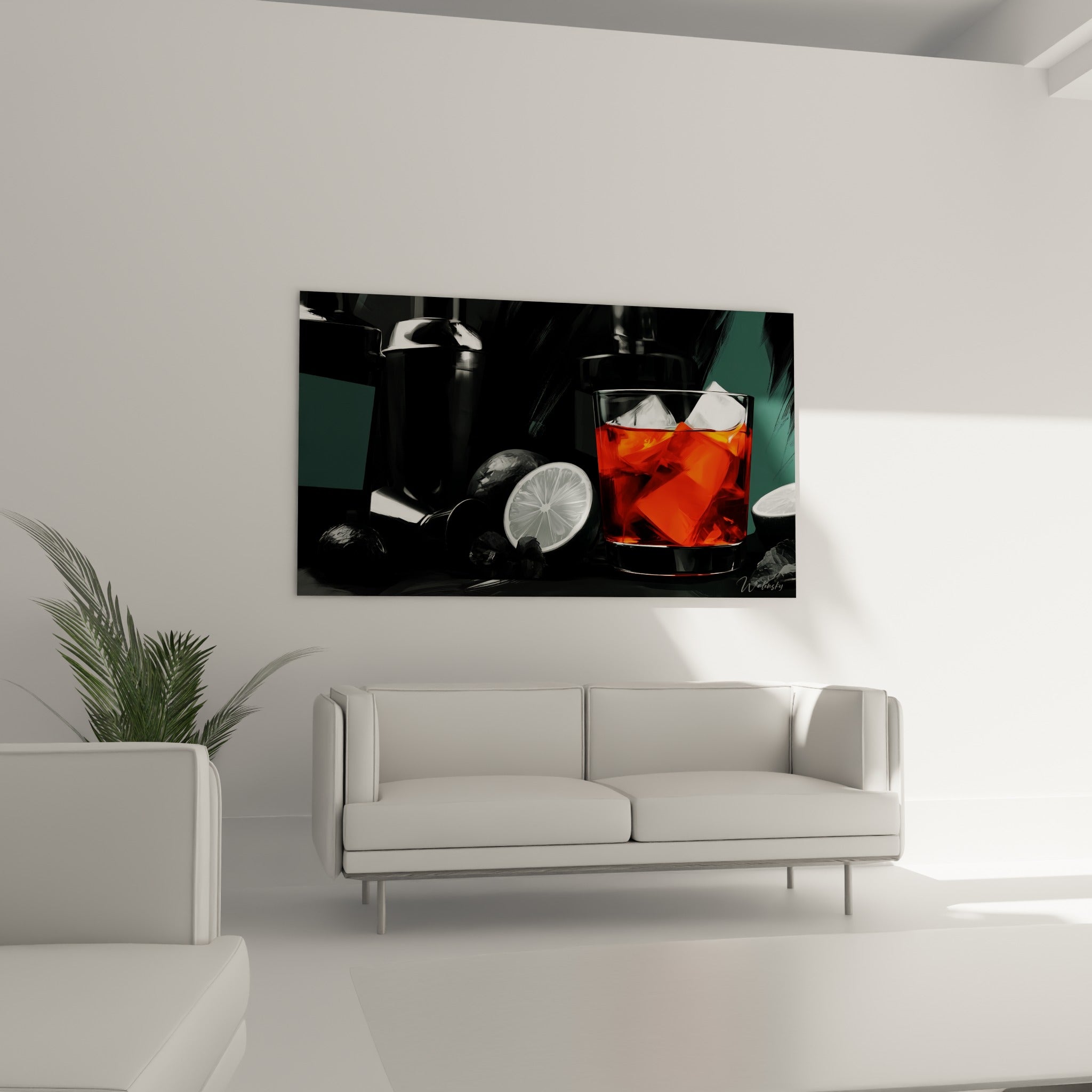 Boisson ambrée dans un décor anthracite et vert profond, suspendue au-dessus d'un canapé dans un salon lumineux