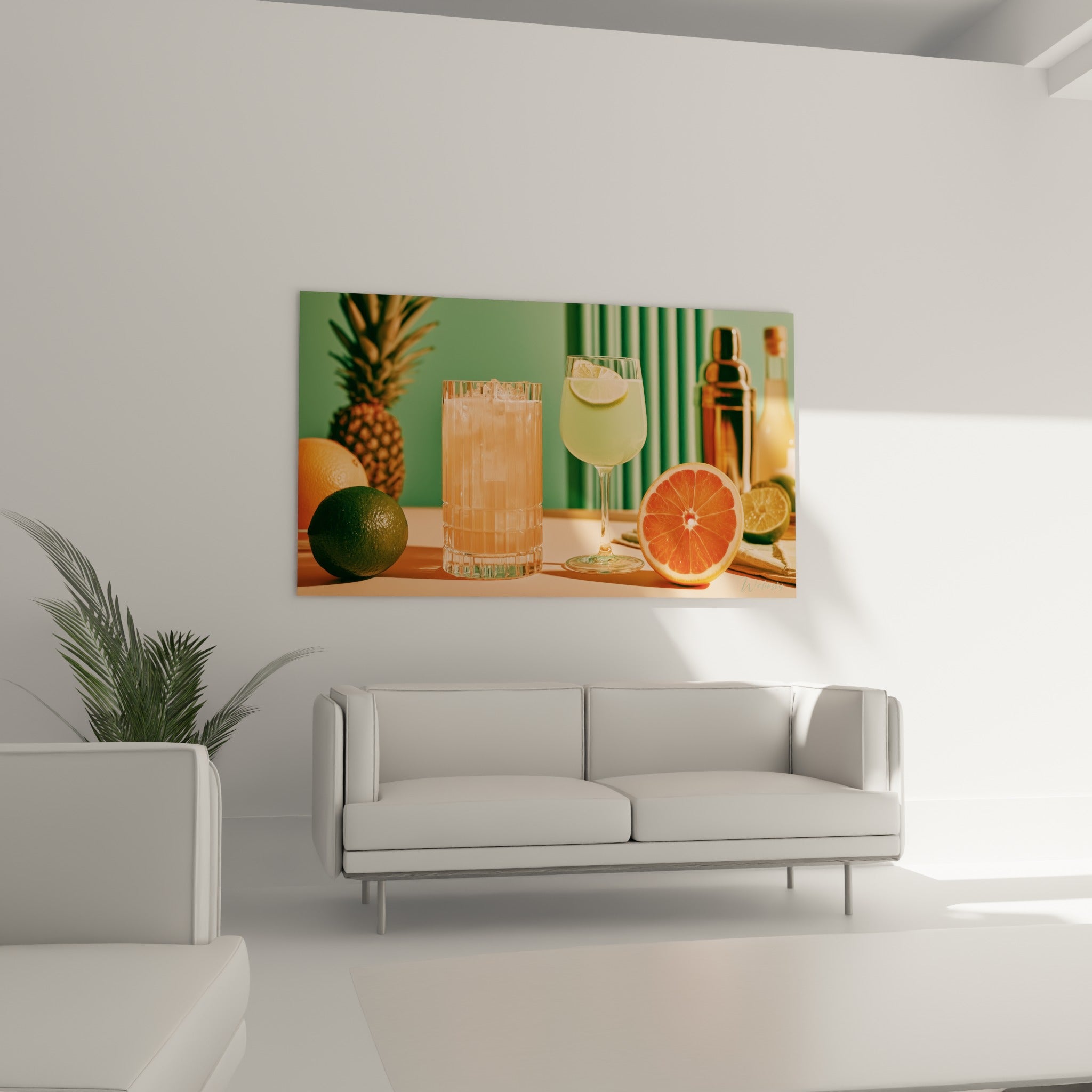 Verres pêche et vert menthe entourés de pamplemousse rose au-dessus d'un canapé dans un salon lumineux