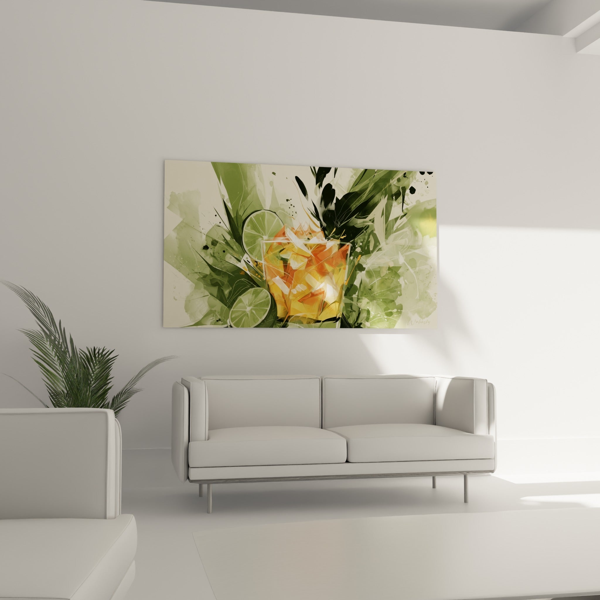 Éclats dorés et verts du tableau cocktail suspendu au-dessus d'un canapé dans un salon lumineux