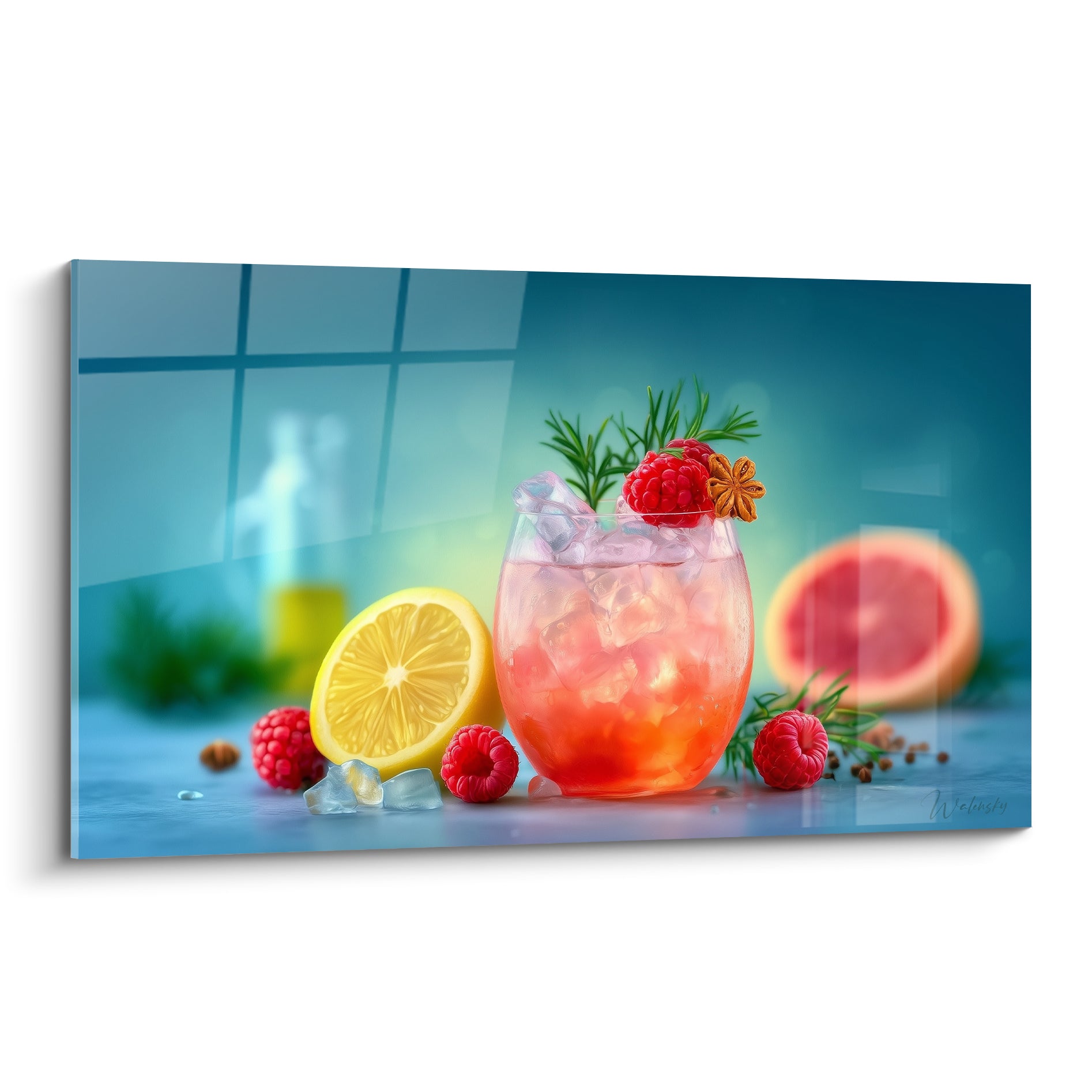 Cocktail corail glacé aux framboises rouges et citron jaune sur fond bleu turquoise flouté