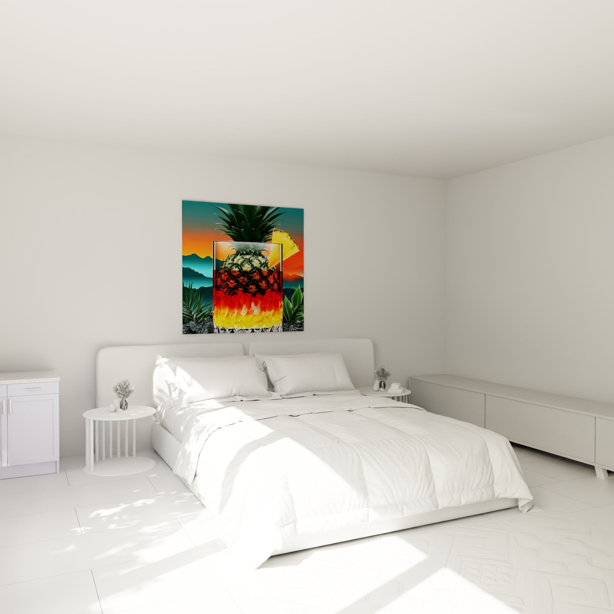 Verre flammé orange et ananas vert du tableau Cocktail, au-dessus d'un lit dans une chambre claire