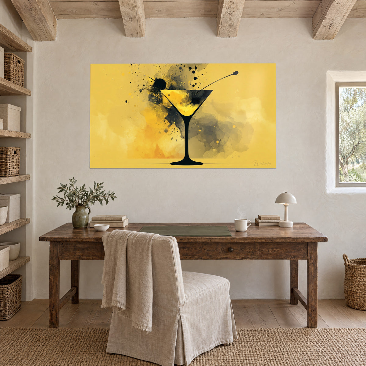 Wall art graphic cocktail glass, vivid yellow liquid and black and grey ink stains, on the wall of a rustic wooden office