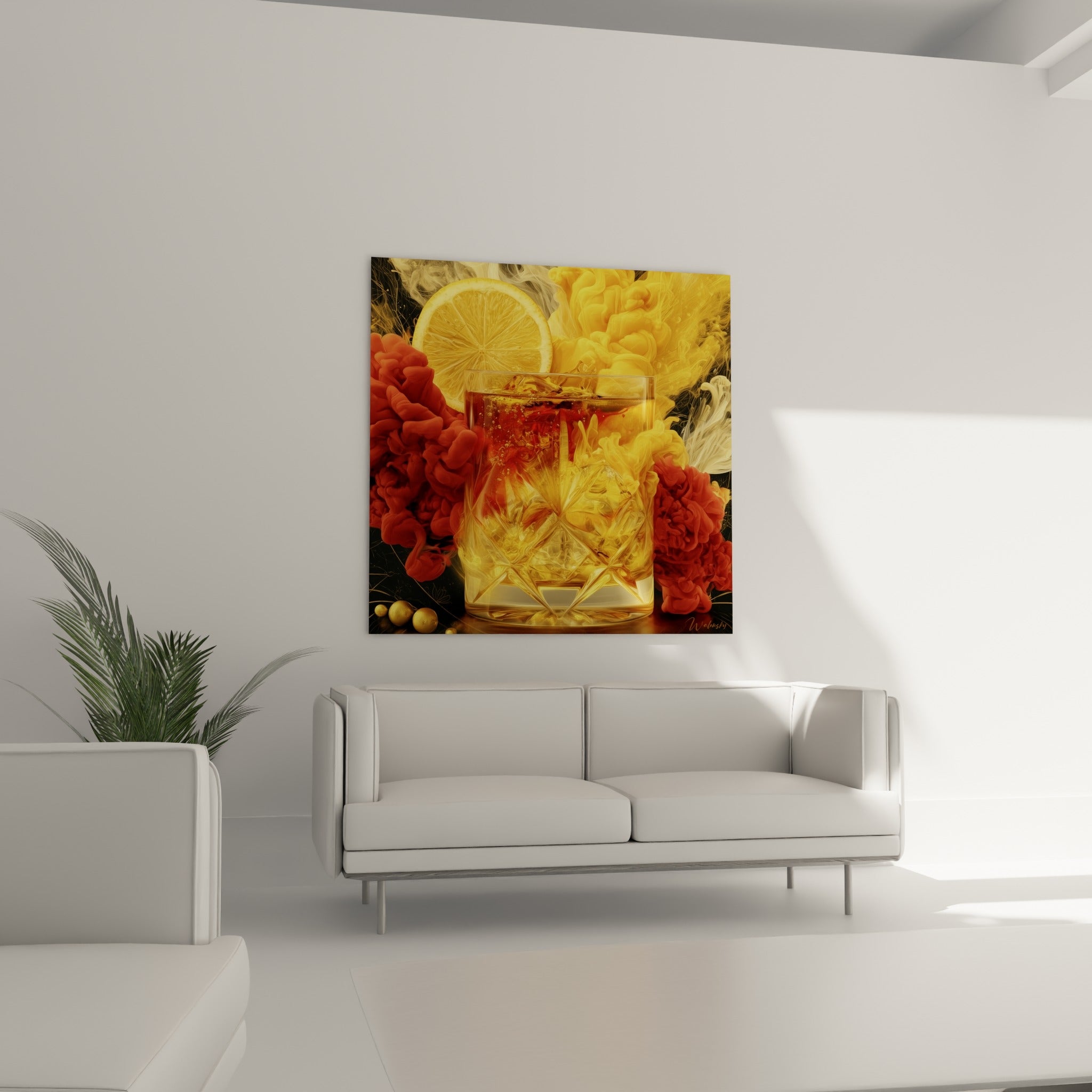 Fumées dorées et bordeaux entourant le verre ciselé du tableau Cocktail au-dessus d'un canapé dans un salon lumineux
