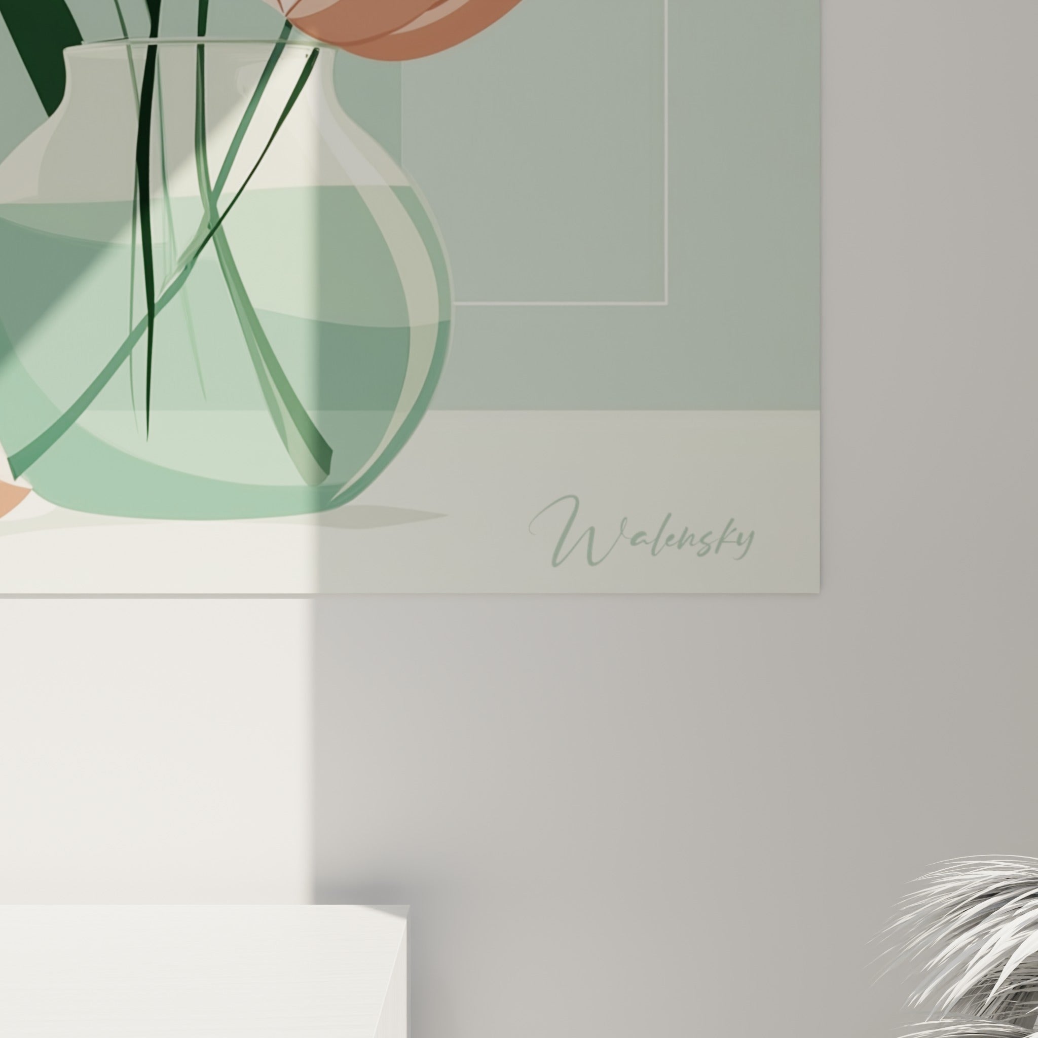 Détail des aplats vert sauge et rose pâle, contours nets et transparence du verre sur la toile