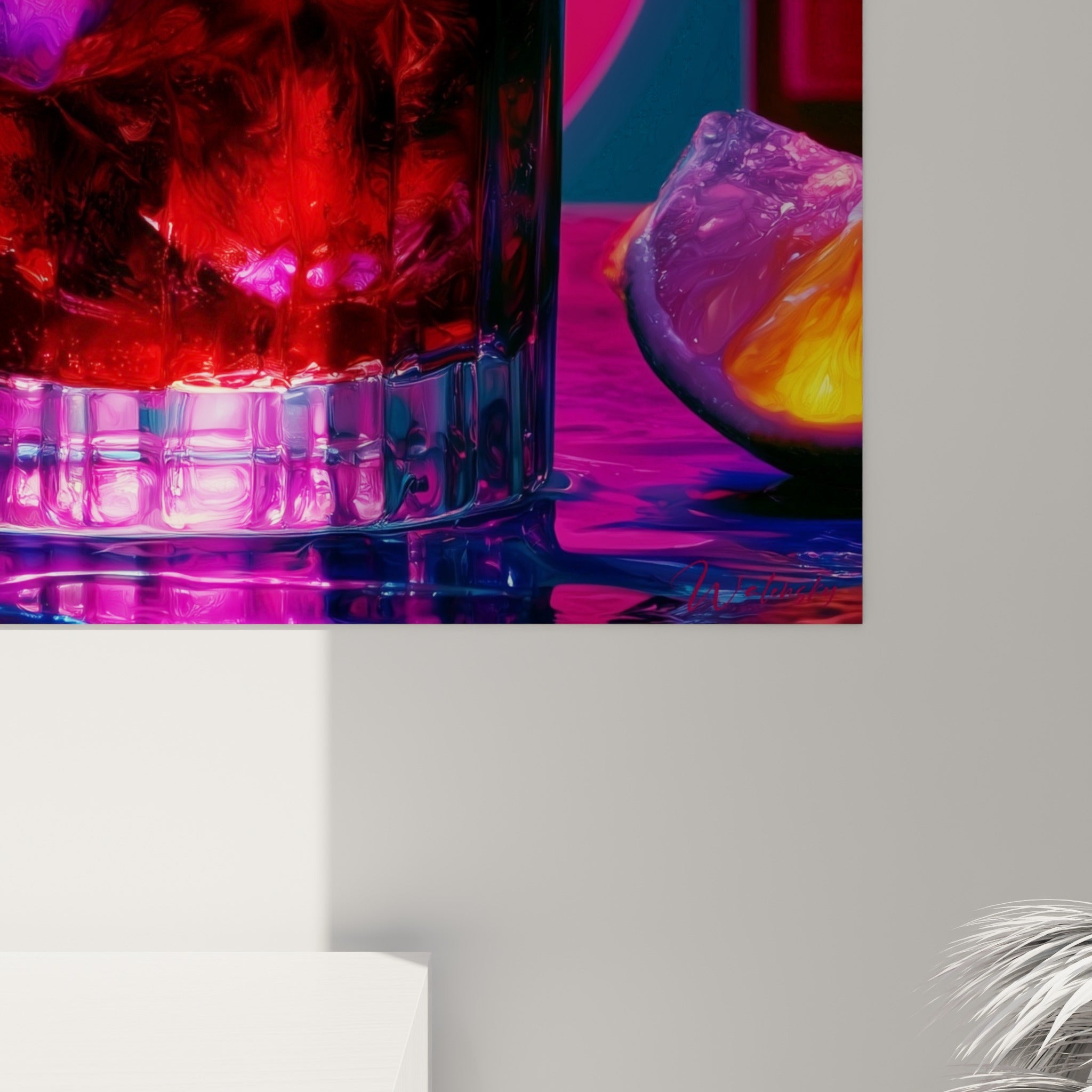 Détail des glaçons translucides violets et du liquide rouge grenat dans la texture imprimée du tableau