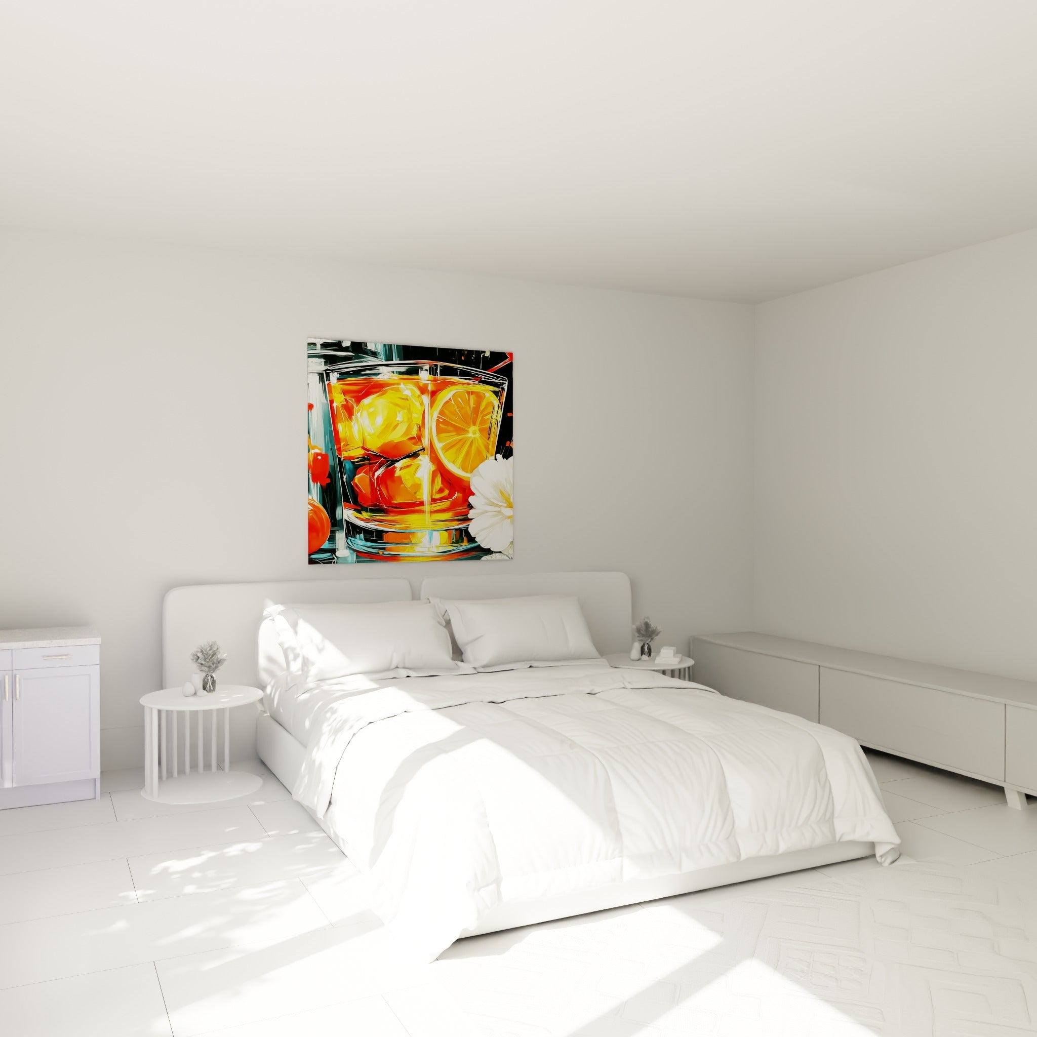 Composition cocktail orange vif et anthracite au-dessus d'un lit dans une chambre claire