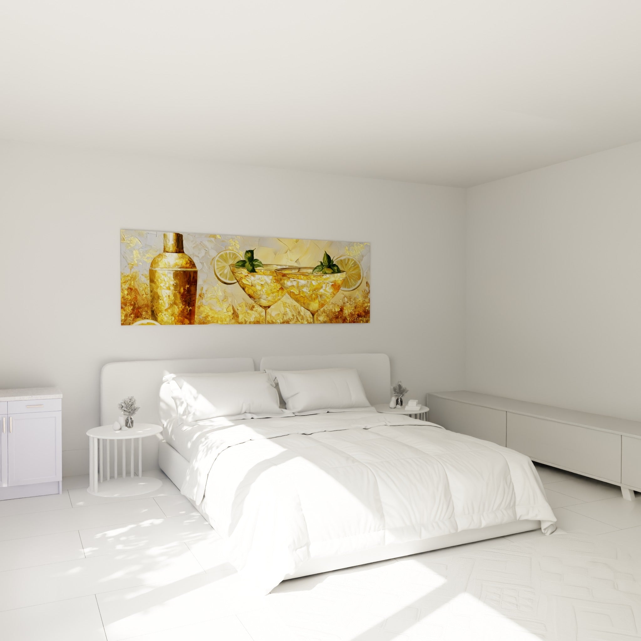 Coupes dorées et tranches de citron vert au-dessus d'un lit dans une chambre claire