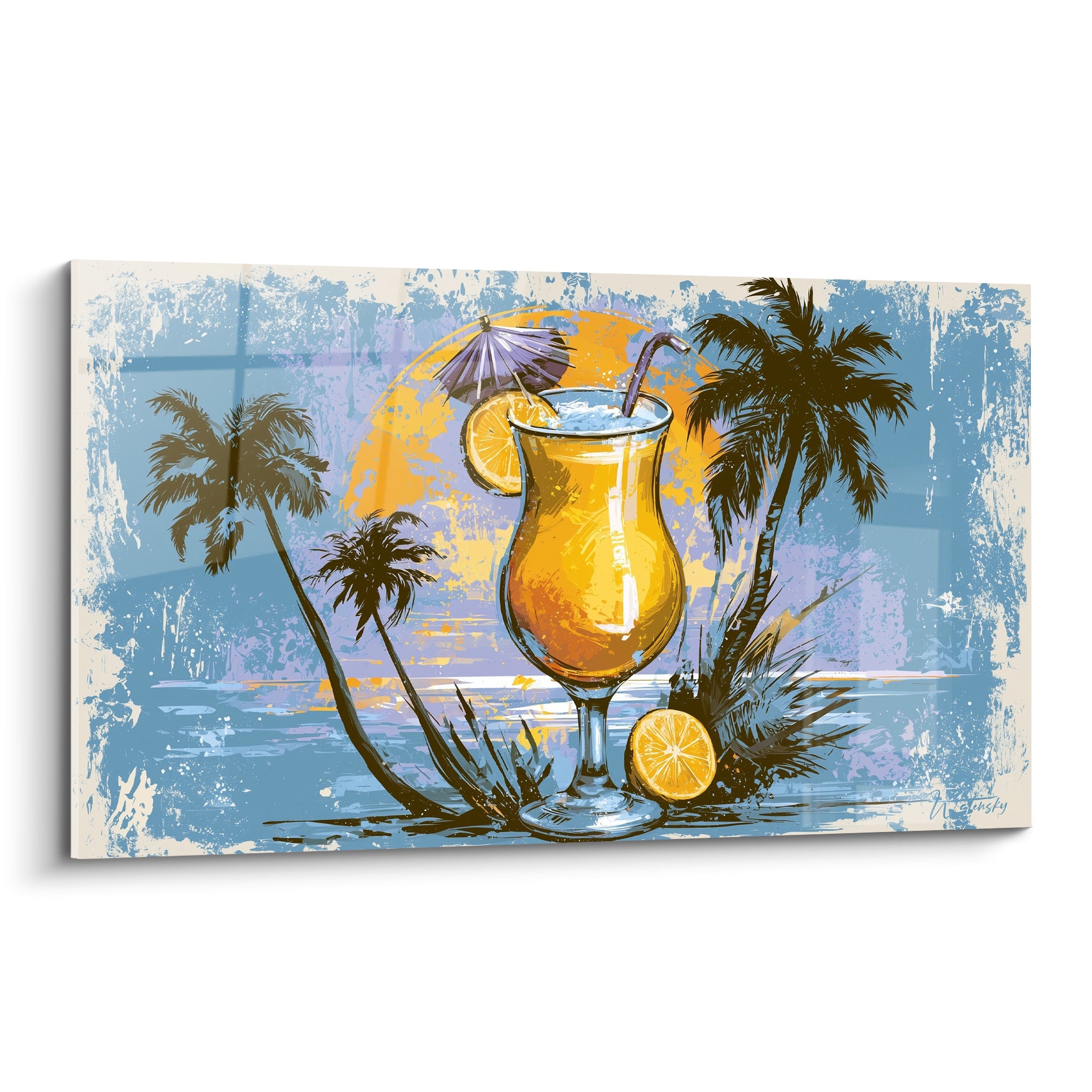 Cocktail doré aux agrumes et ombrelle lavande devant palmiers noirs et soleil bleu pastel