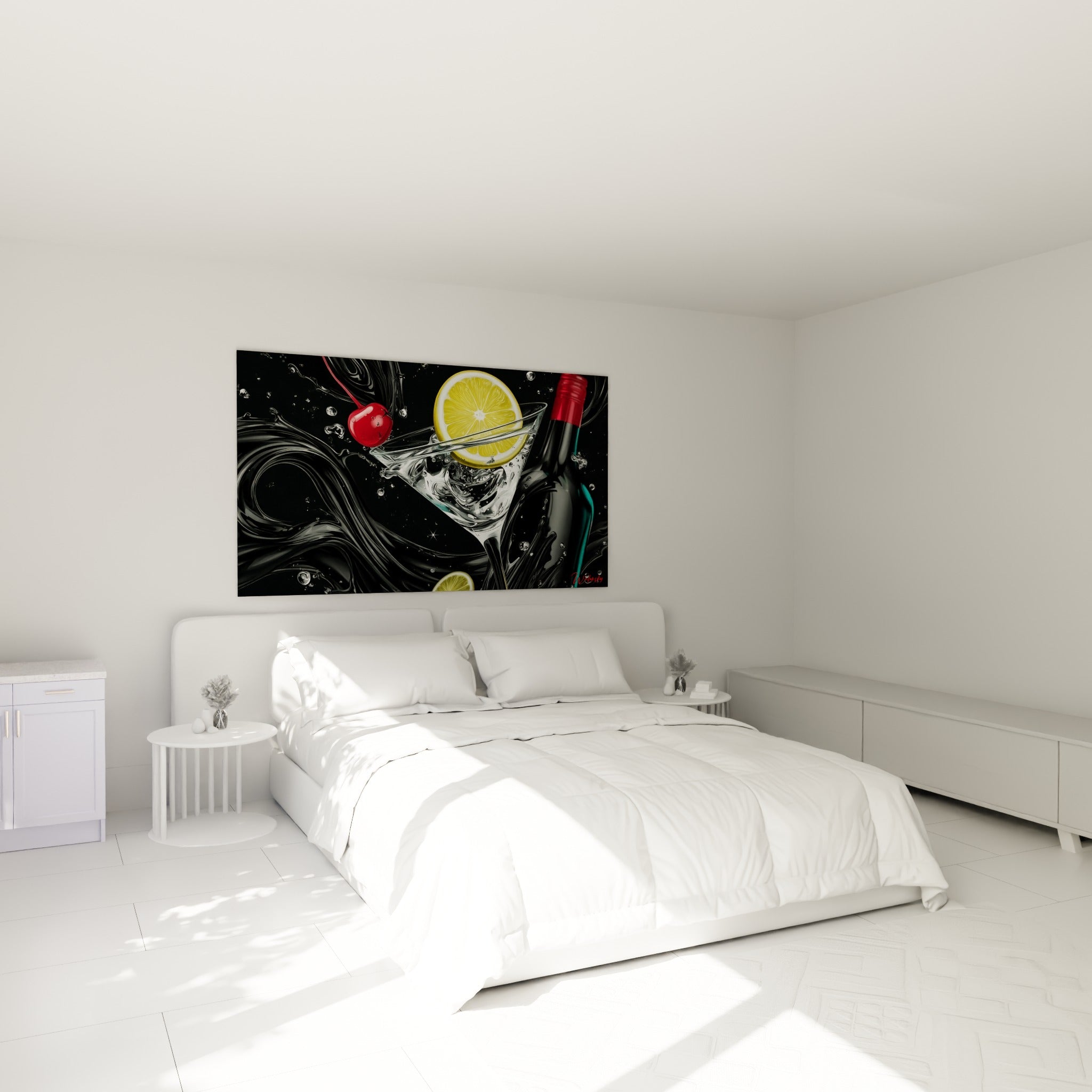 Cocktail éclaboussant citron jaune et cerise rouge au-dessus d'un lit dans une chambre claire