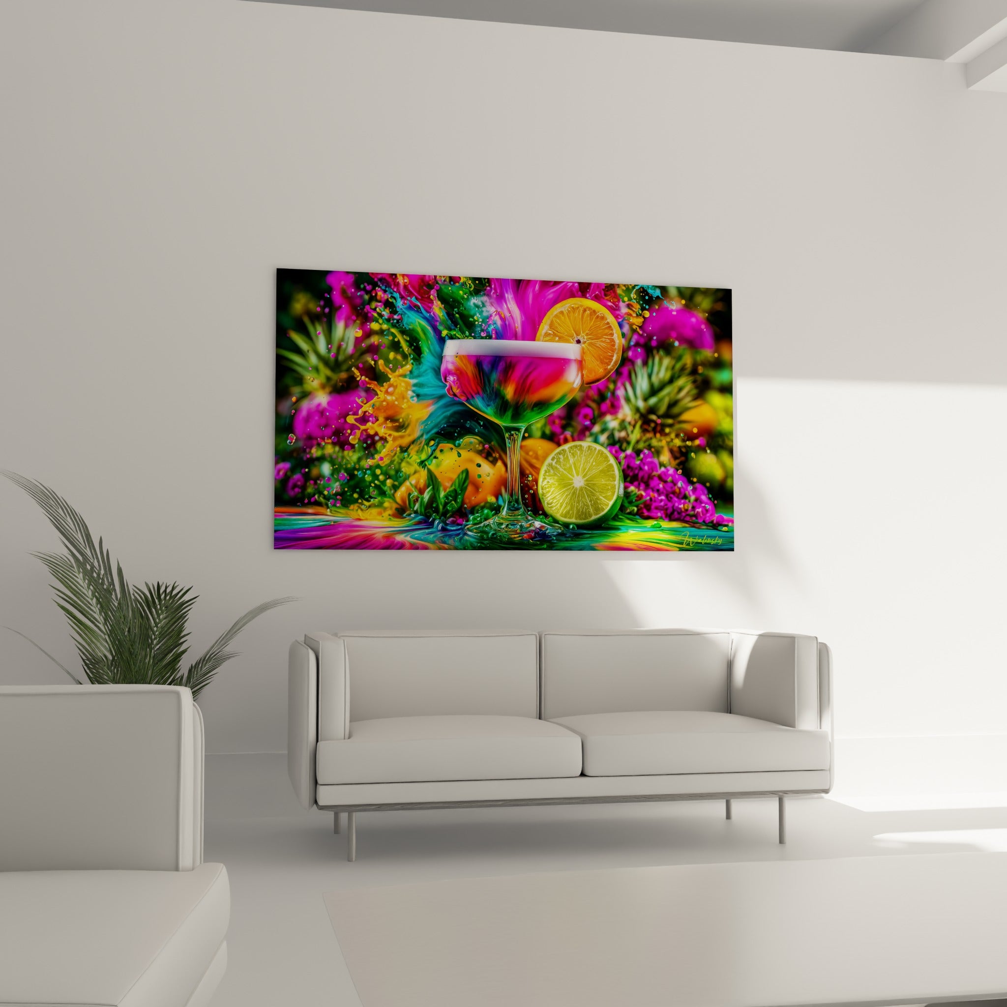 Éclaboussures turquoise et magenta entourant une coupe garnie d'orange accrochées au-dessus d'un canapé dans un salon lumineux