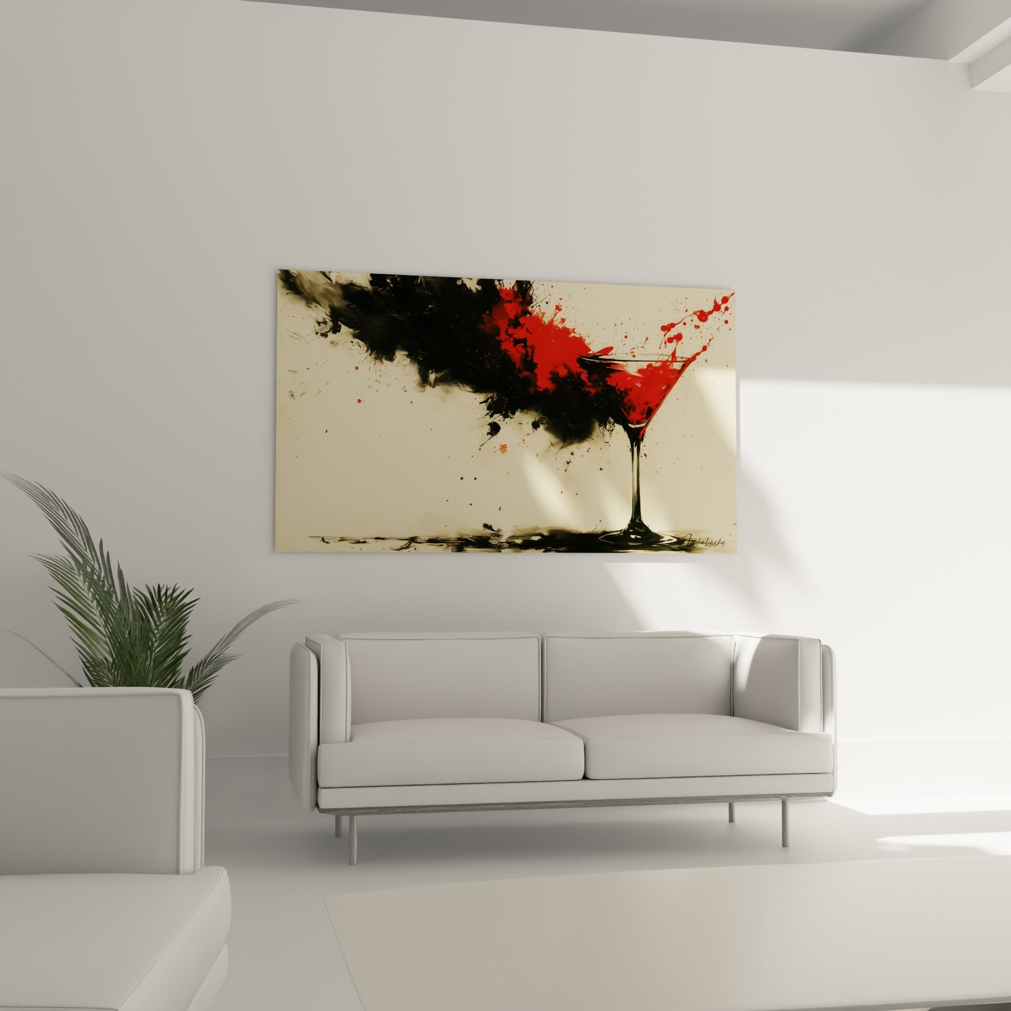 Cocktail rouge sang projeté sur fond noir, accroché au-dessus d'un canapé dans un salon lumineux
