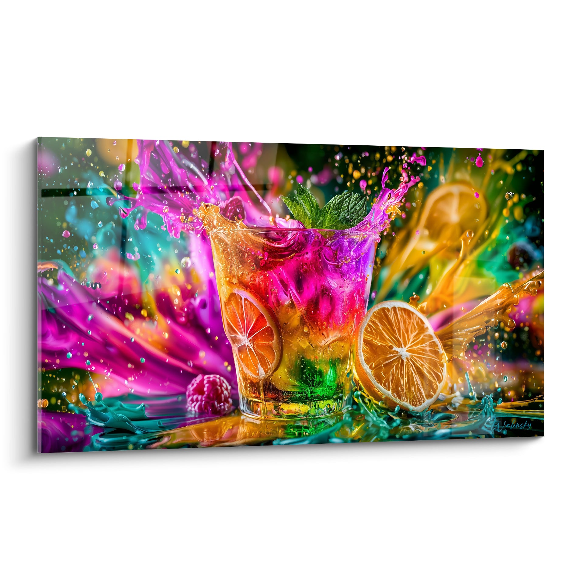 Verre à cocktail éclaboussant en rose fuchsia et orange, tranches de citron et menthe fraîche