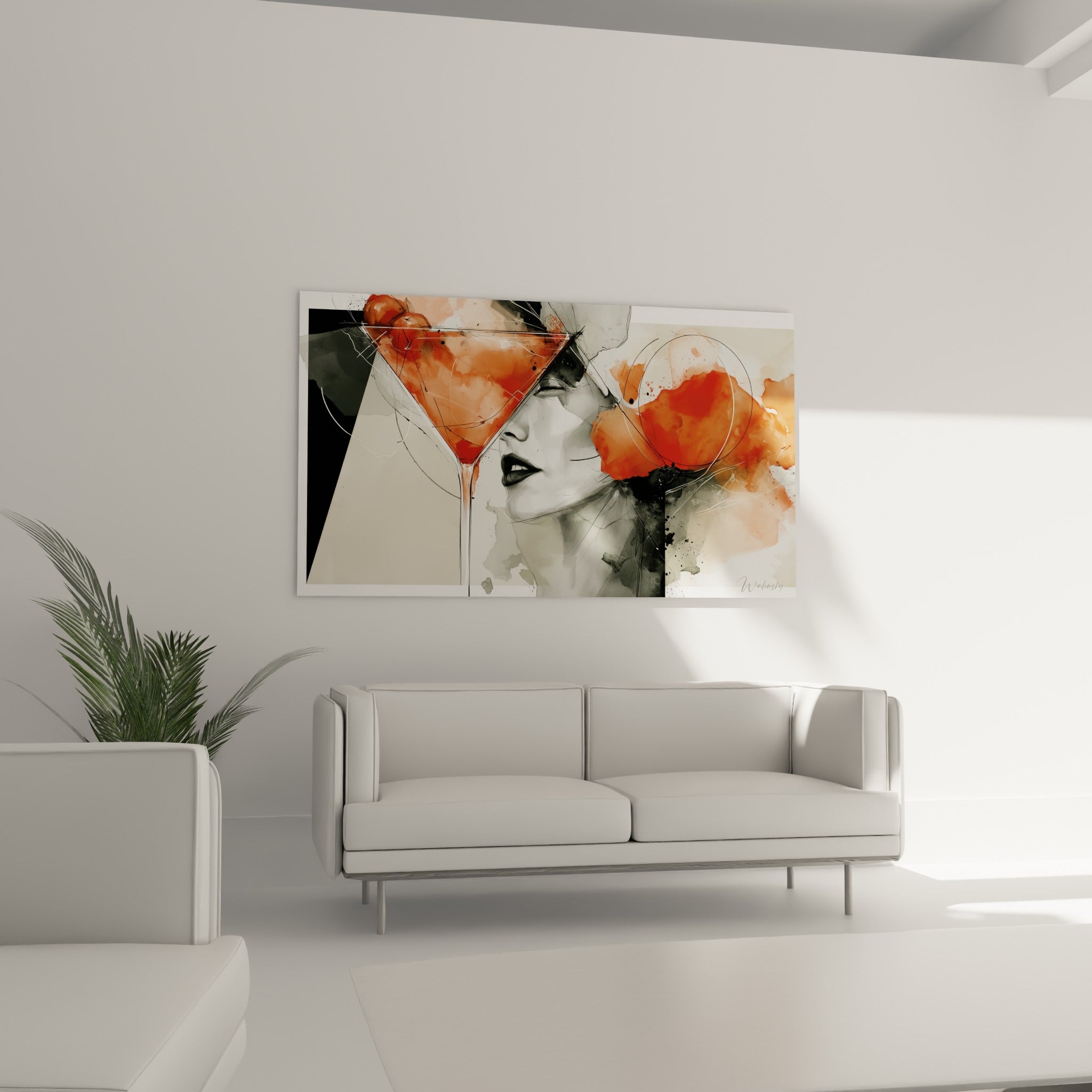 Éclaboussures orangées et portrait graphique noir accrochés au-dessus d'un canapé dans un salon lumineux