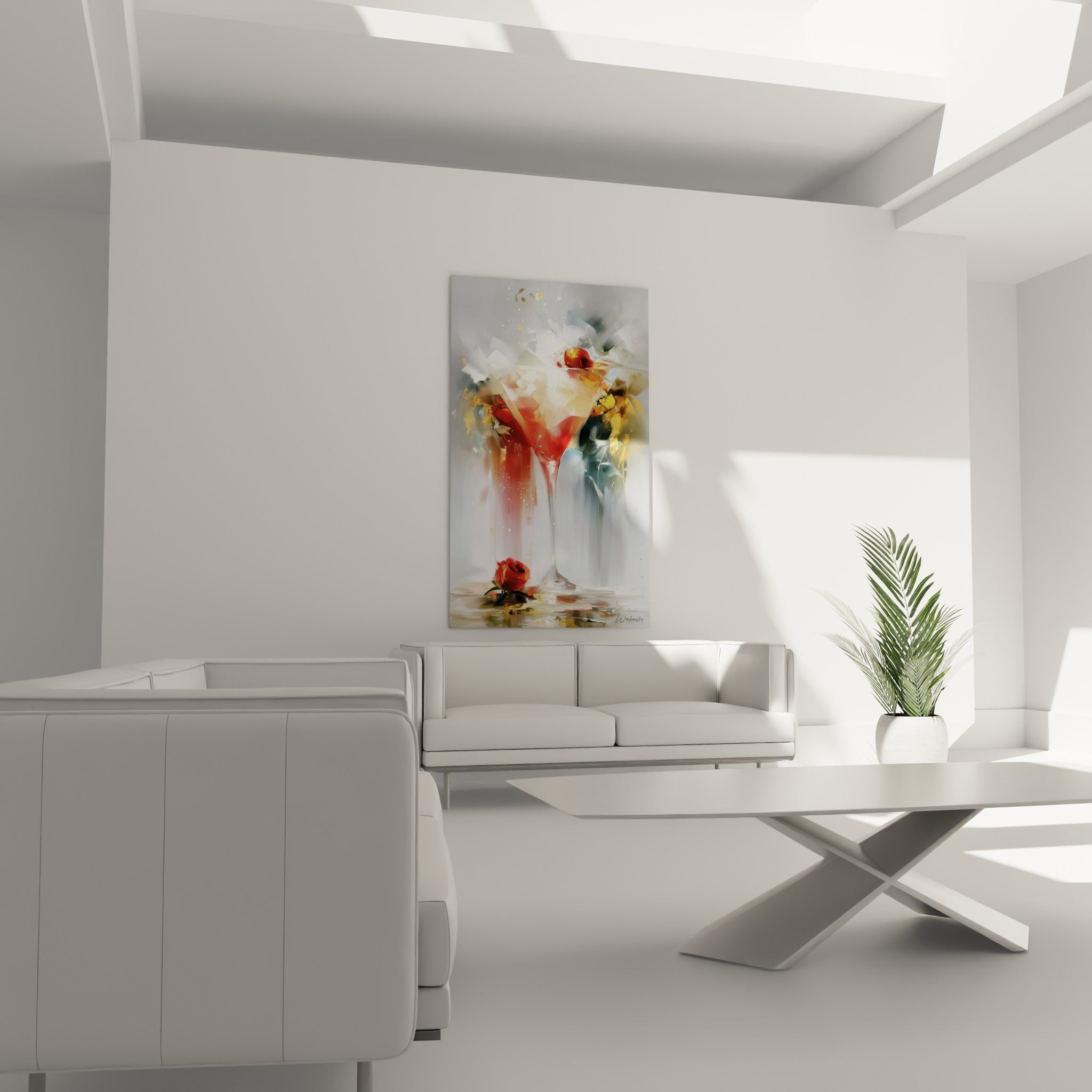 Composition florale rouge et or autour d'un verre à cocktail au-dessus d'un canapé dans un salon lumineux