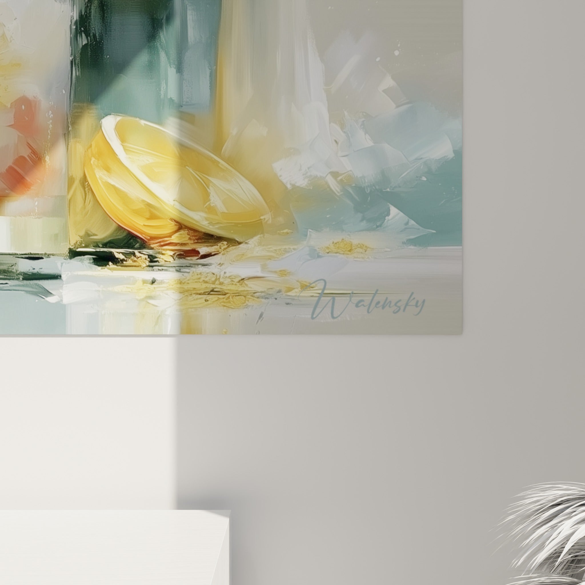 Empâtements dorés et coulures ocre sur la toile, matière épaisse révélant le grain du citron peint