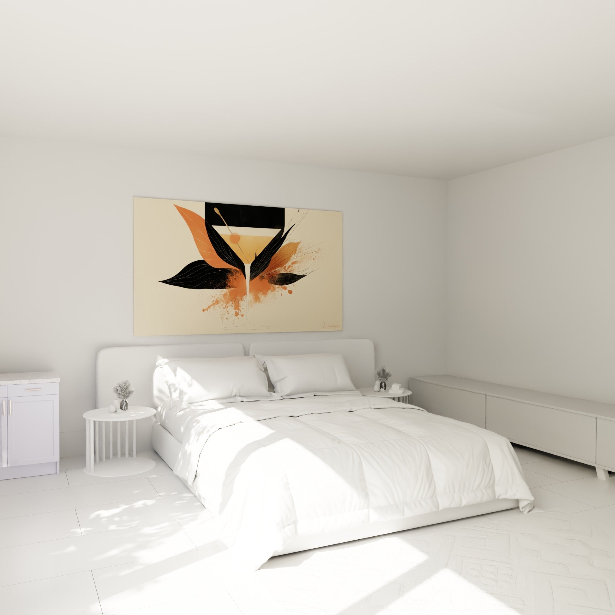 Cocktail orangé stylisé aux feuilles anthracite et corail accroché au-dessus d'un lit dans une chambre claire
