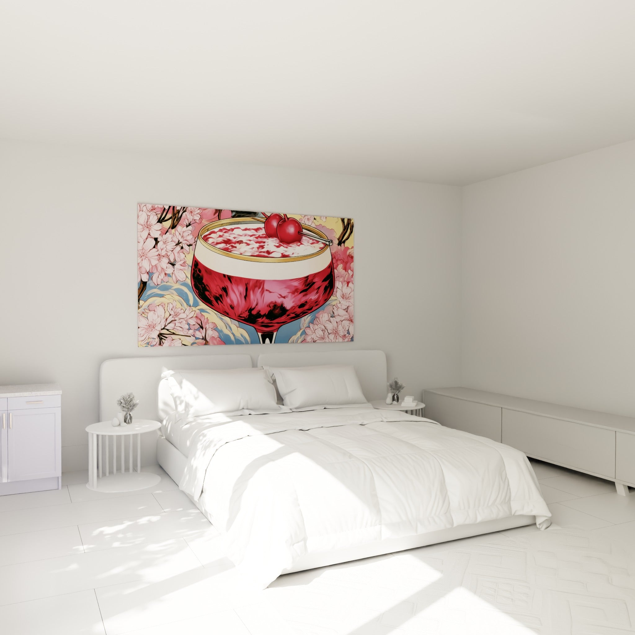 Cocktail rouge et rose fleuri accroché au-dessus d'un lit dans une chambre claire
