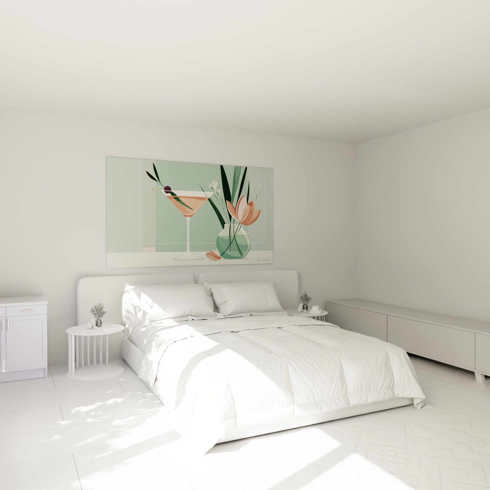Cocktail rose poudré et fleurs vertes stylisées au-dessus d'un lit dans une chambre claire
