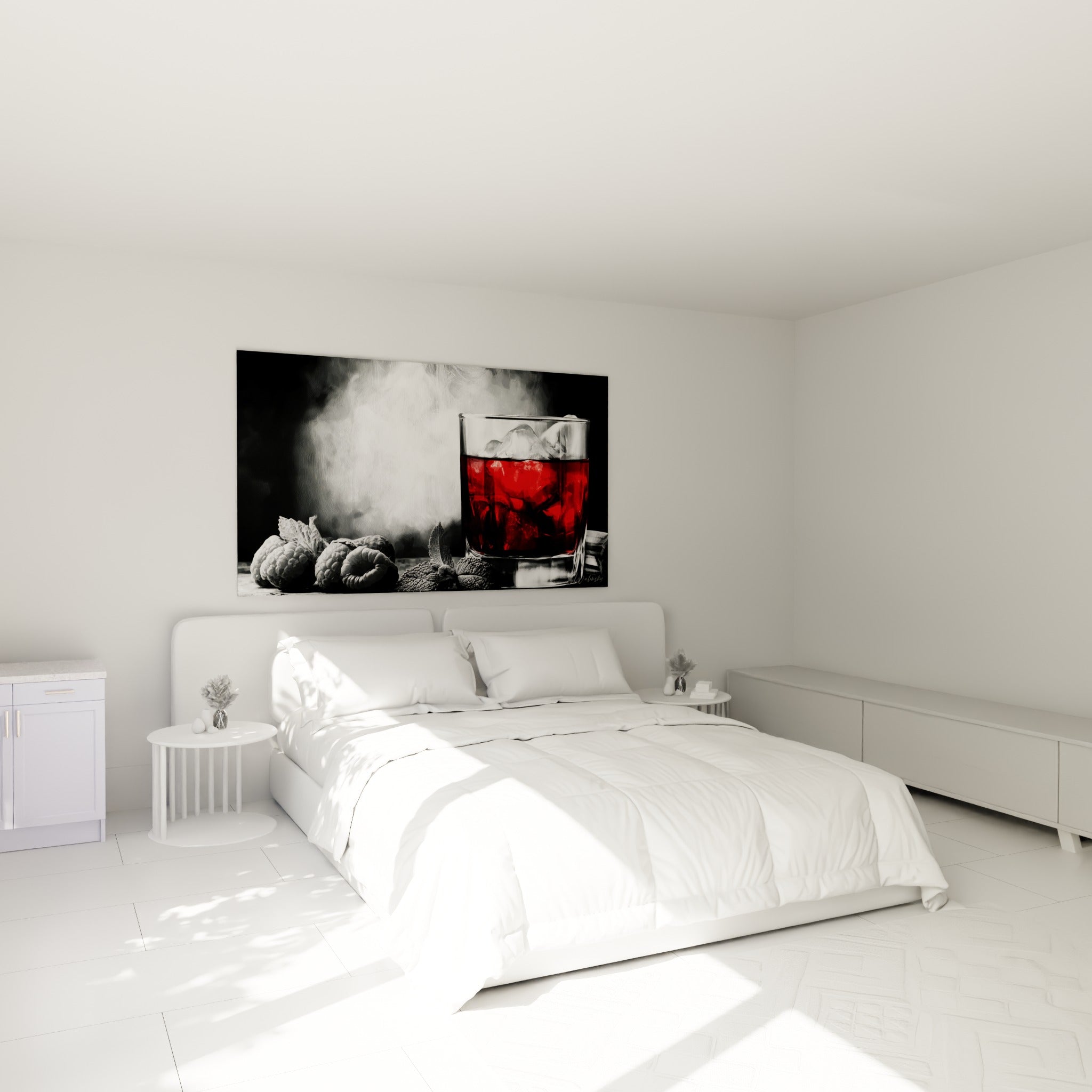 Cocktail rouge intense et fumée grise, tableau accroché au-dessus d'un lit dans une chambre claire