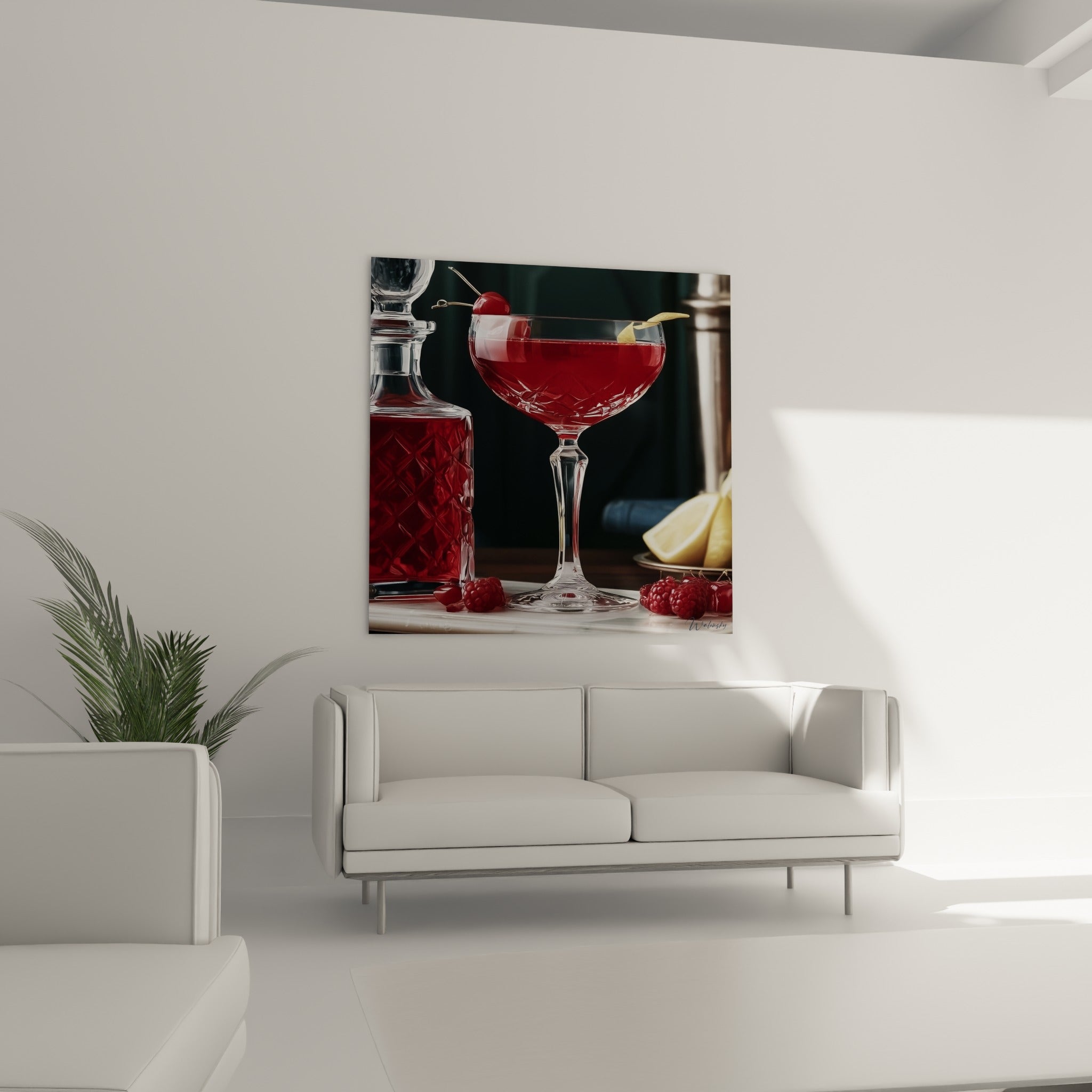 Coupe écarlate et fruits rouges frais au-dessus d'un canapé dans un salon lumineux